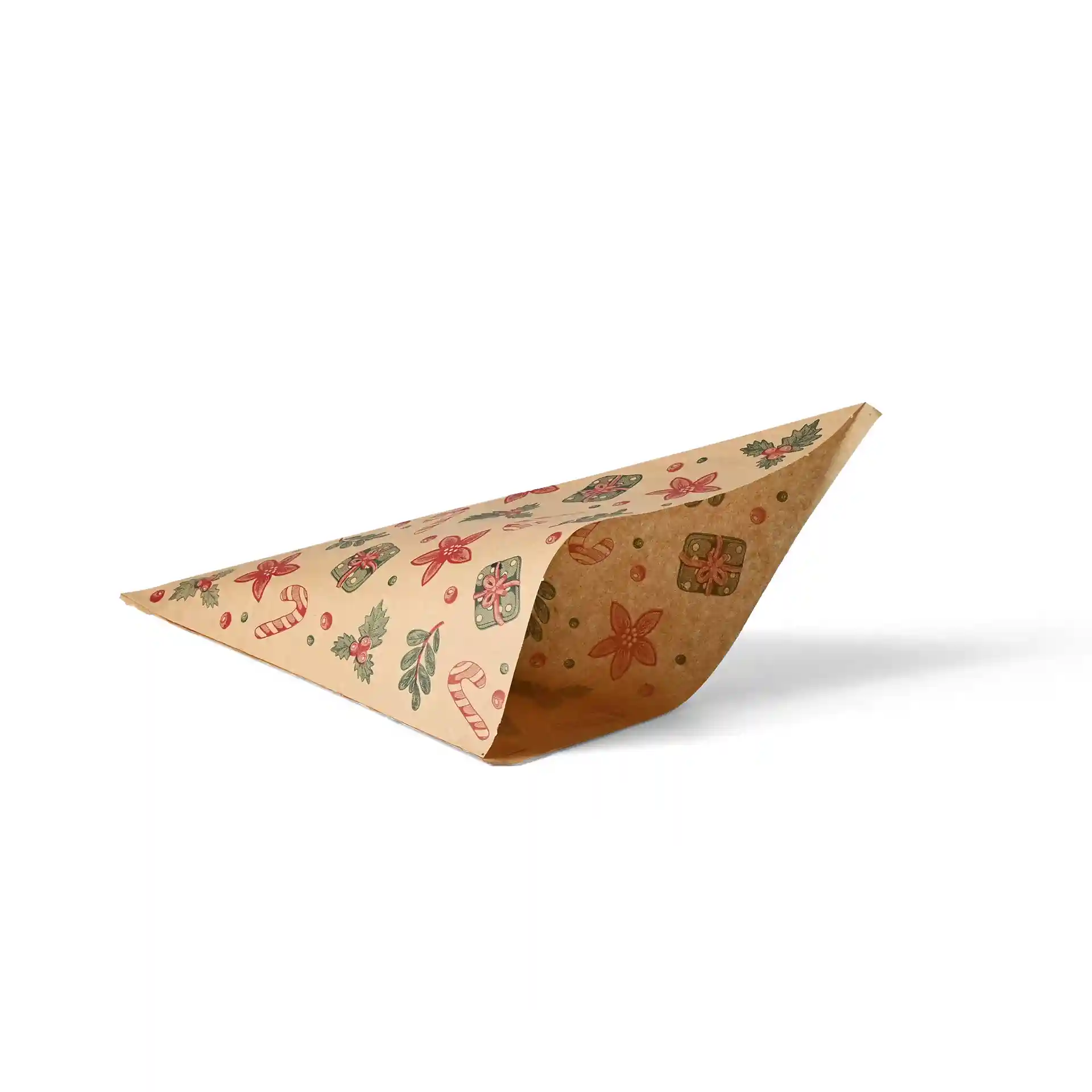 Busta marrone resistente al grasso con design invernali, misura 23 x 23 cm, a forma di cono.