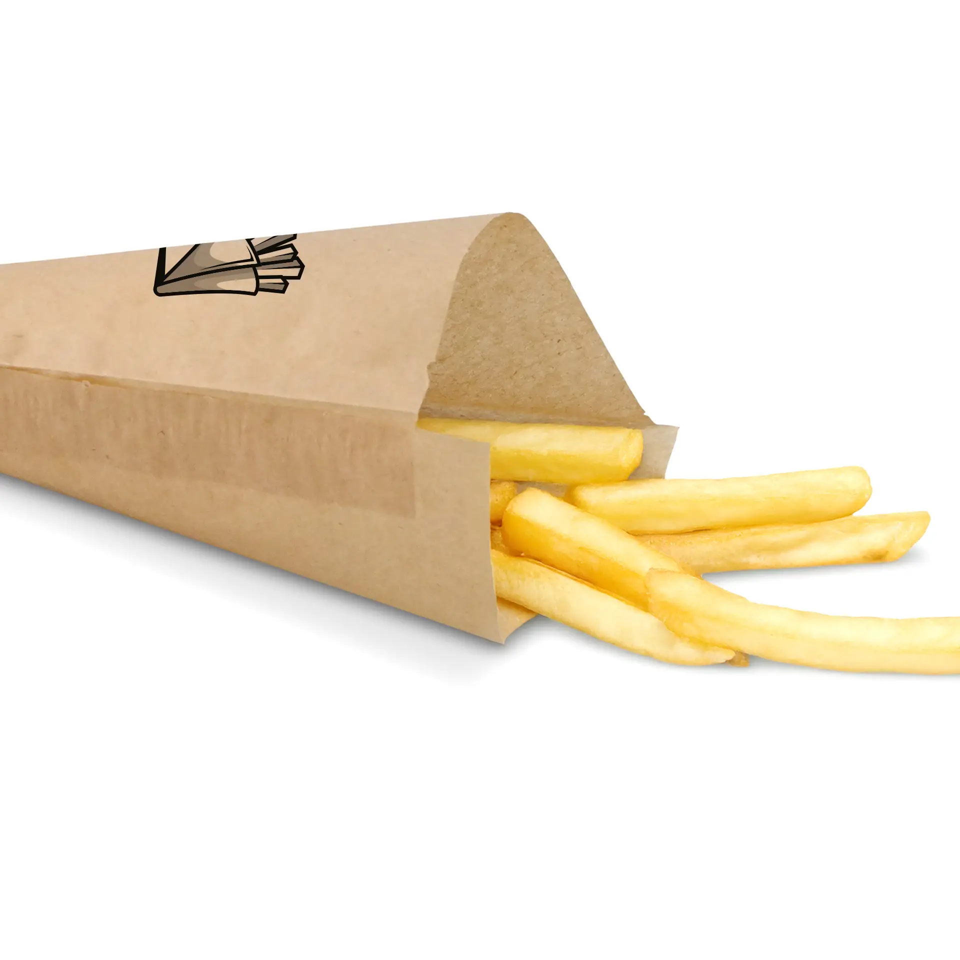 Sacchetto di carta marrone a cono con patatine fritte parzialmente visibili, progettato per l'uso da asporto, dimensioni 19 x 19 cm.