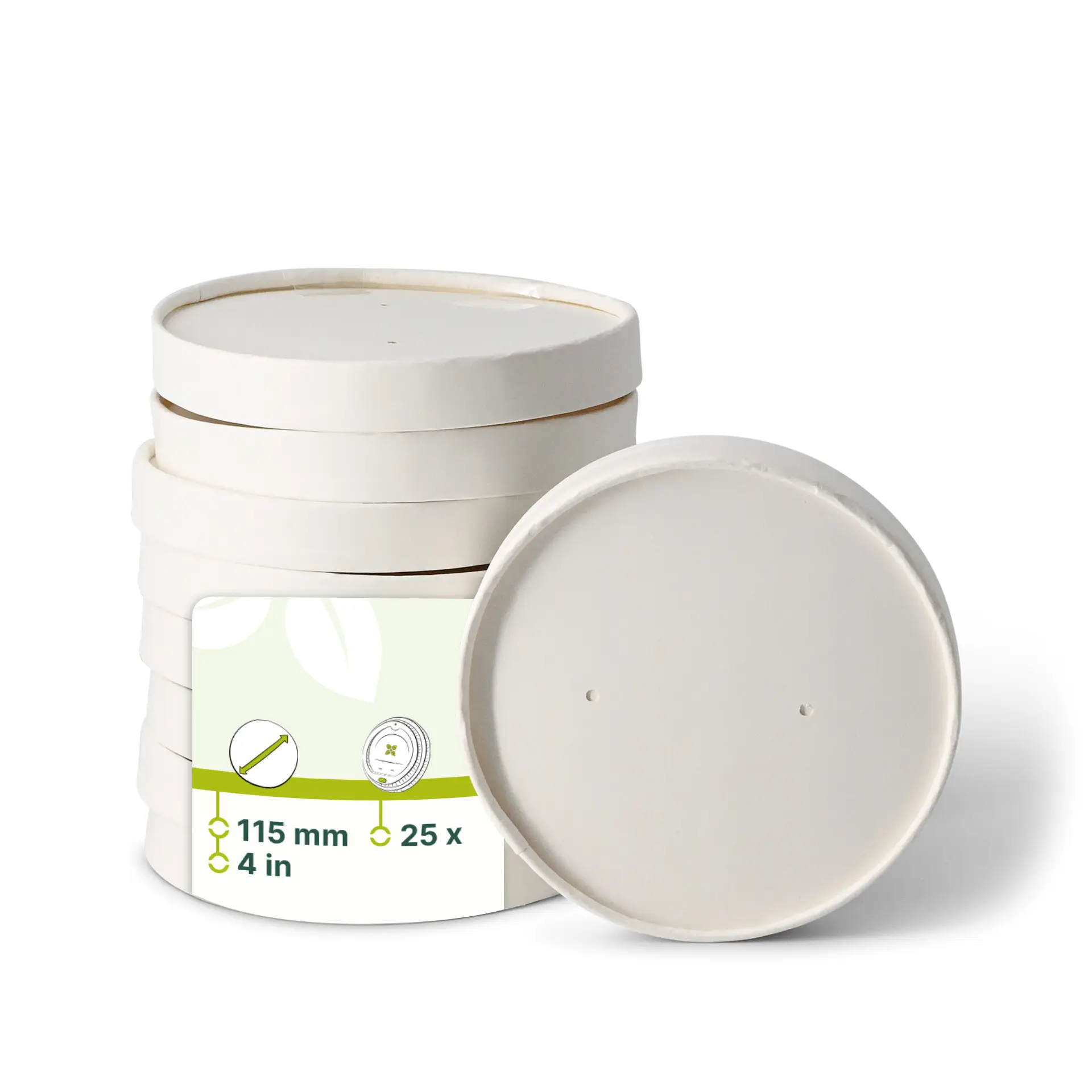 Coperchio in cartone a membrana, diametro 115 mm, bianco, con rivestimento in PLA; diversi coperchi simili impilati.