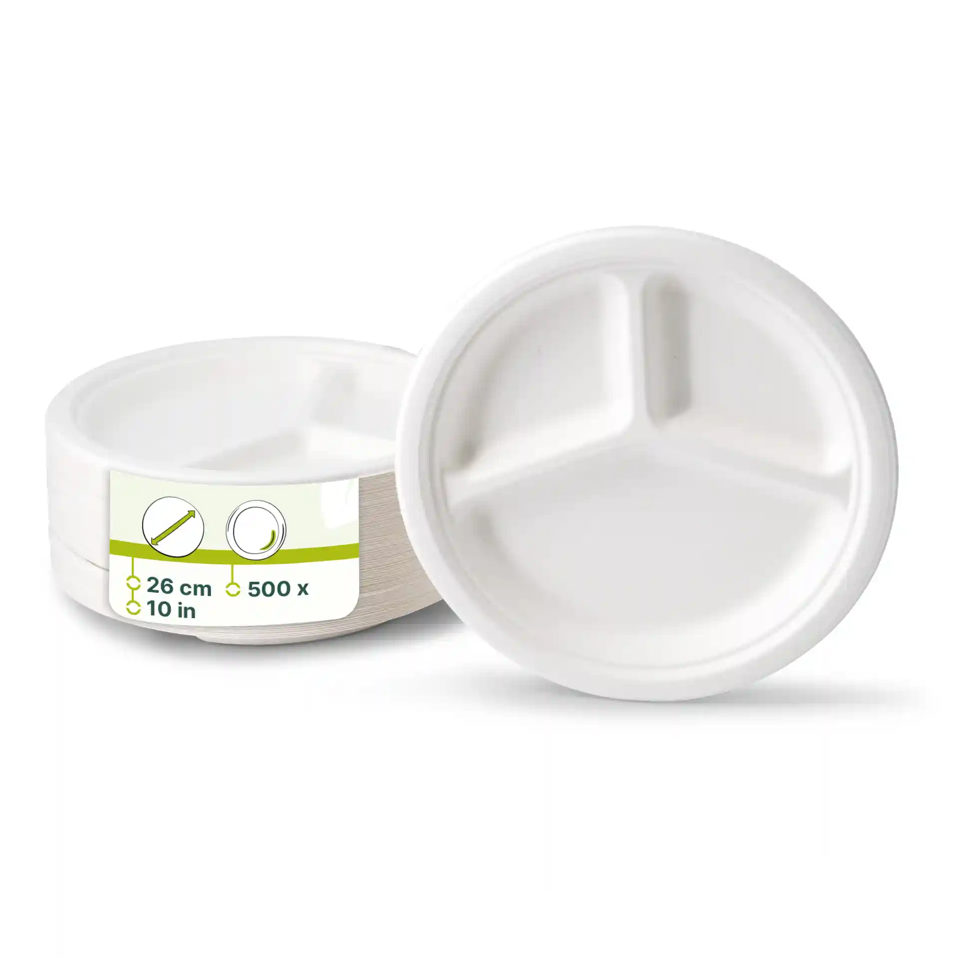 Piatto rotondo bianco in canna da zucchero con tre scomparti, 26 cm di diametro, impilato con etichetta visibile.