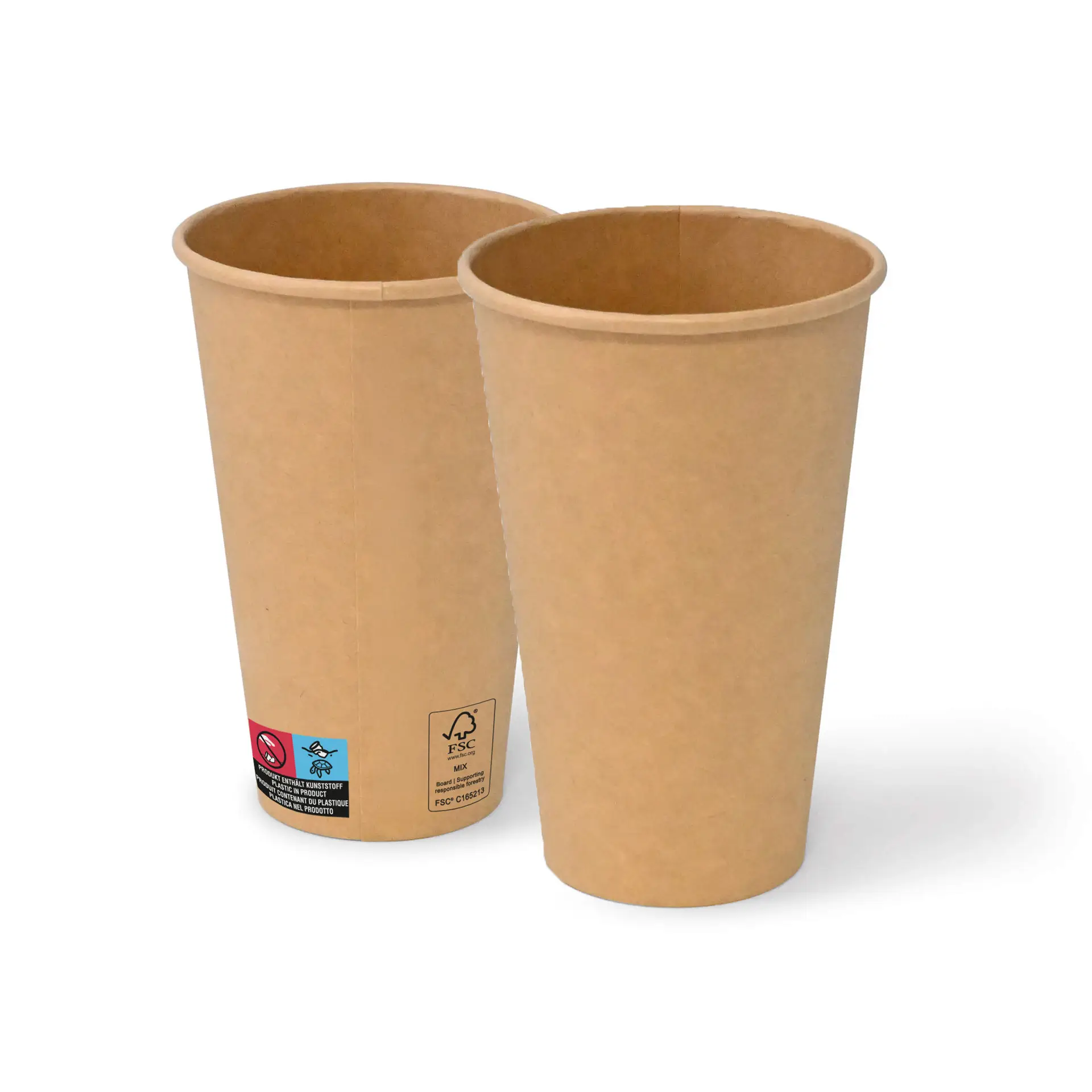 Bicchieri di carta marroni da 16 oz con forma rotonda, due bicchieri con finitura in cartone rivestito.