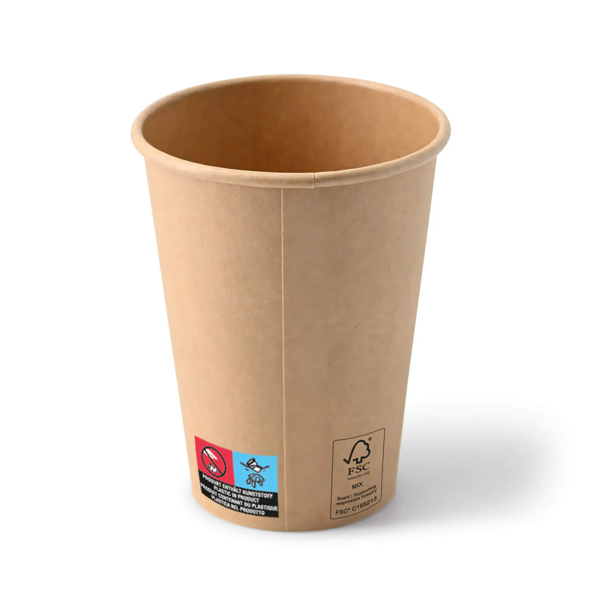 Bicchiere di carta marrone da 12 oz con forma rotonda e superficie rivestita, mostra un'etichetta con simboli sul lato.