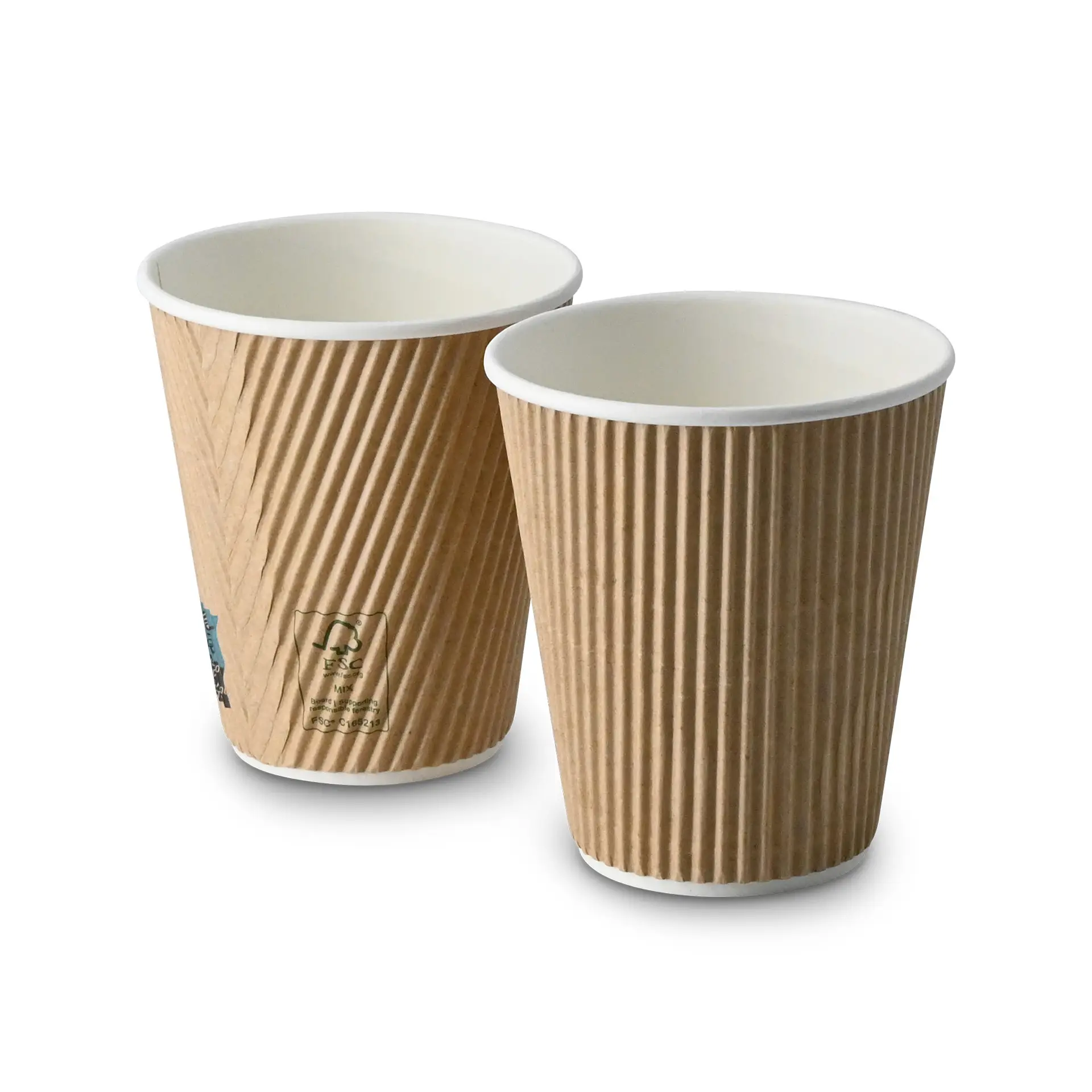 Due tazze di caffè rigate da 10 oz con esterno marrone e interno bianco, una leggermente dietro l'altra.