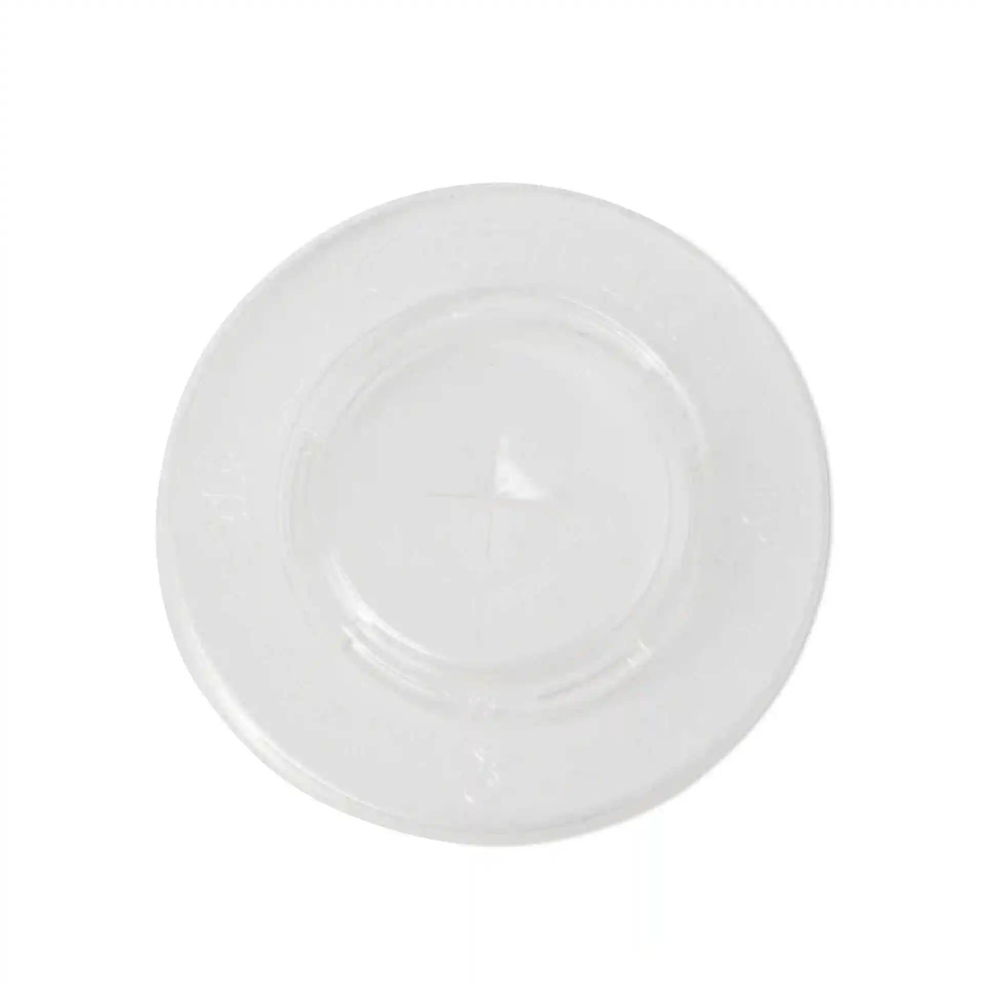 Coperchio piatto in rPET trasparente con fessura per cannuccia, diametro 95 mm e altezza 10 mm.