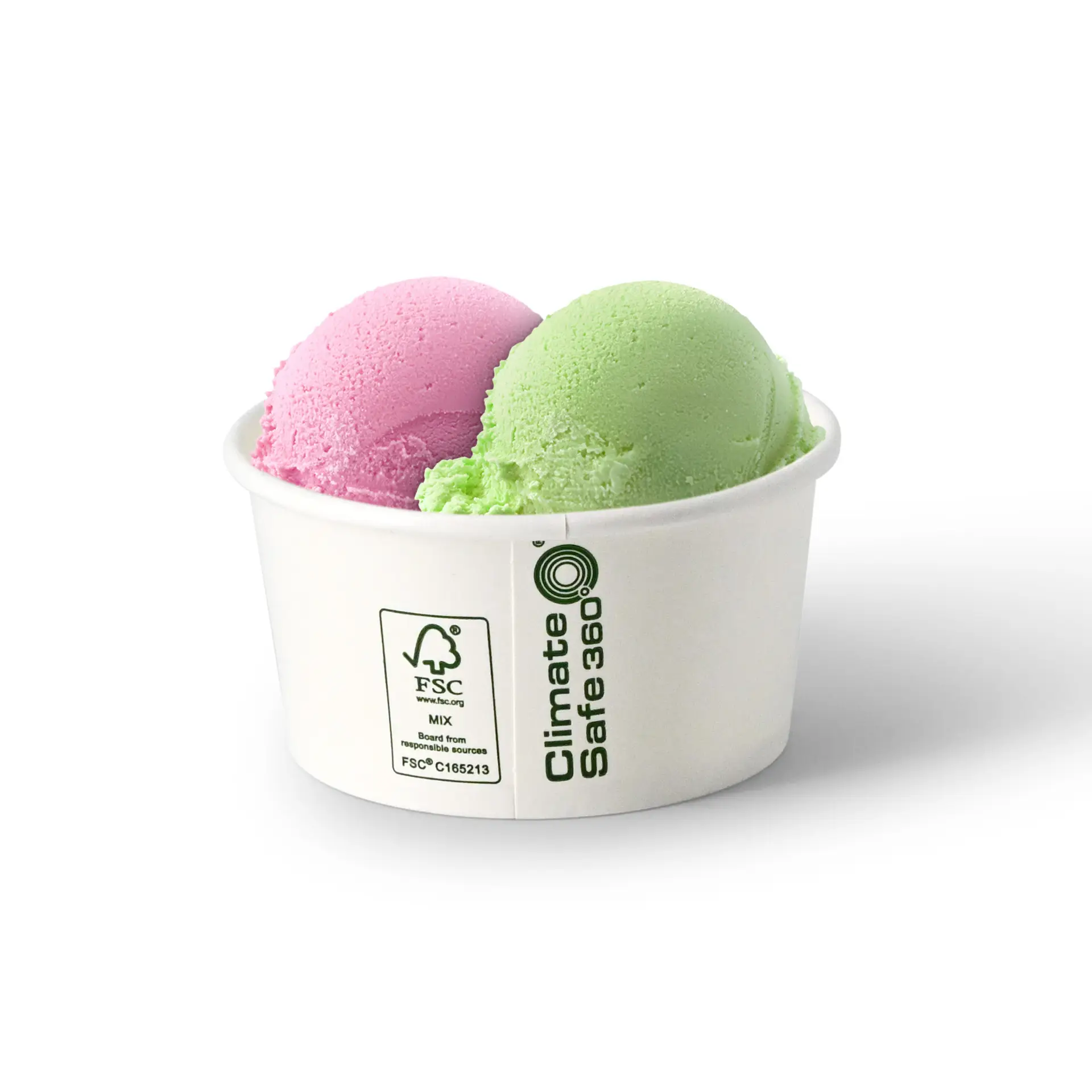 Due palline di gelato in un bicchiere di carta bianco, con gusti rosa e verde. Bicchiere con etichetta di certificazione FSC.