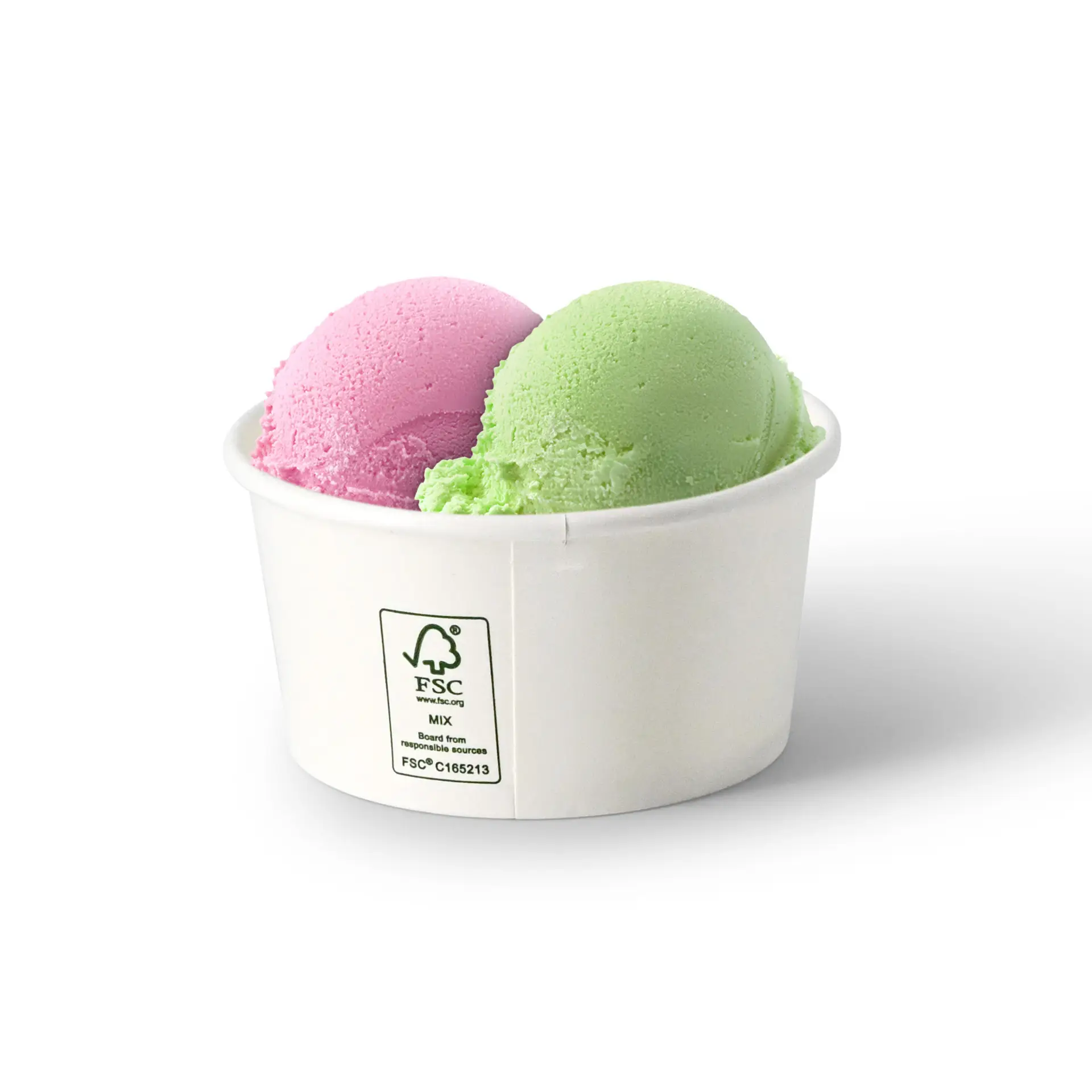 Due palline di gelato in un bicchiere di carta bianco, con gusti rosa e verde. Bicchiere con etichetta di certificazione FSC.