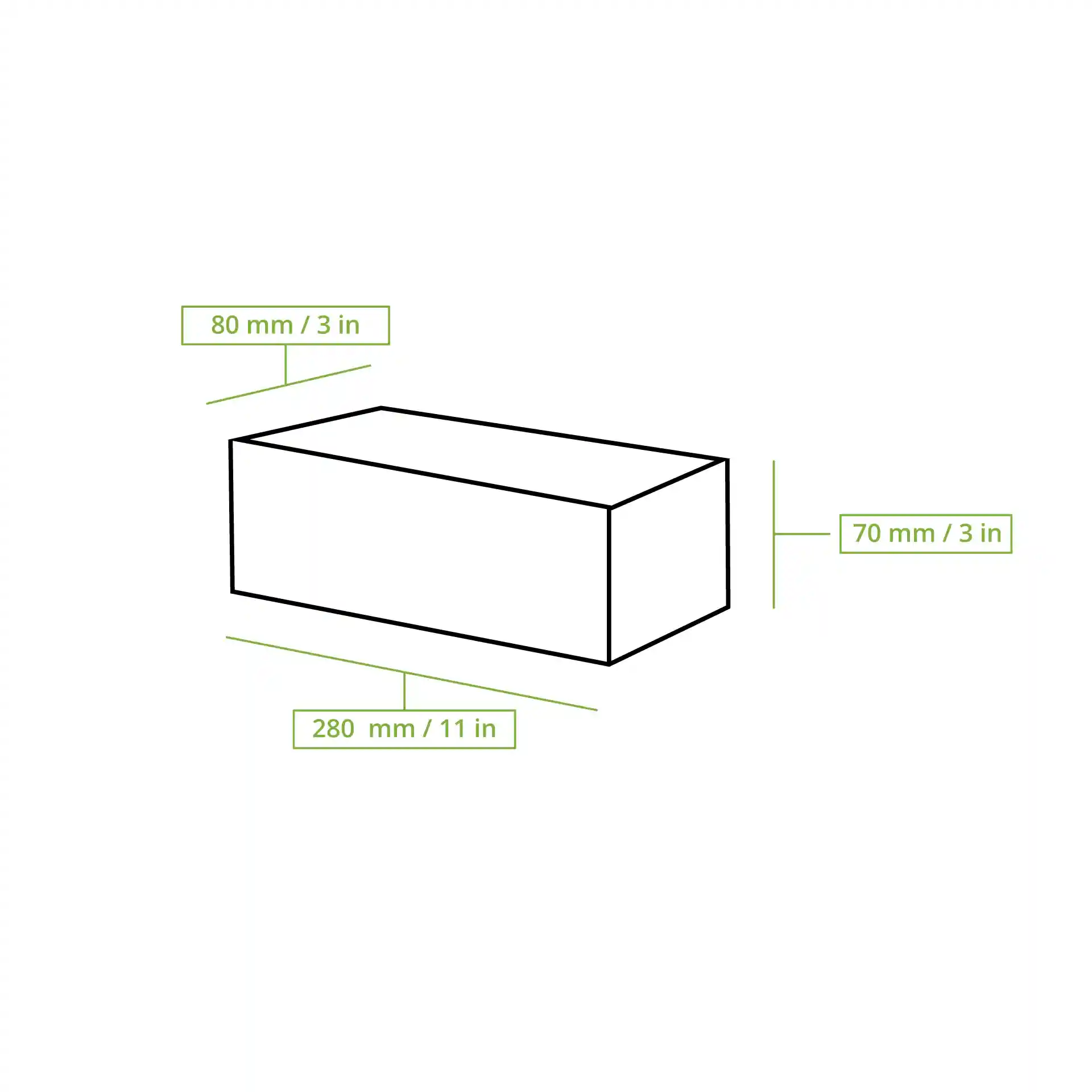 Disegno schematico di una scatola rettangolare con dimensioni etichettate: 80 mm, 70 mm e 280 mm.