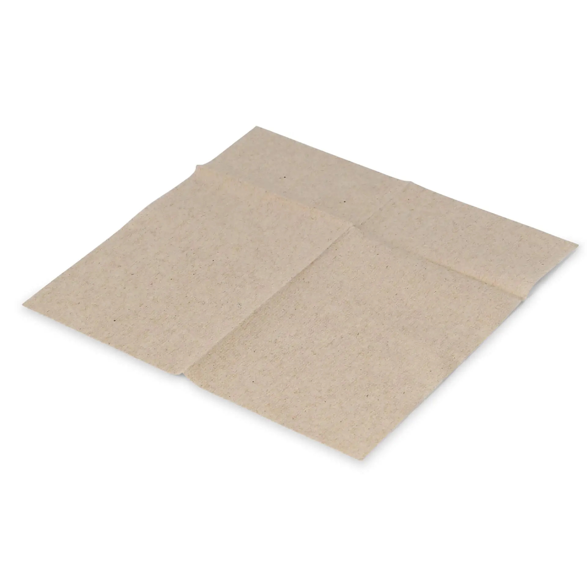 Tovagliolo rettangolare in rPaper non sbiancato, 12 x 8,5 cm, piegato, con simbolo di riciclo stampato sulla superficie.