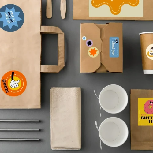 Una collezione di imballaggi alimentari usa e getta, tra cui una busta di carta, scatole, bicchieri e posate con etichette e adesivi colorati.