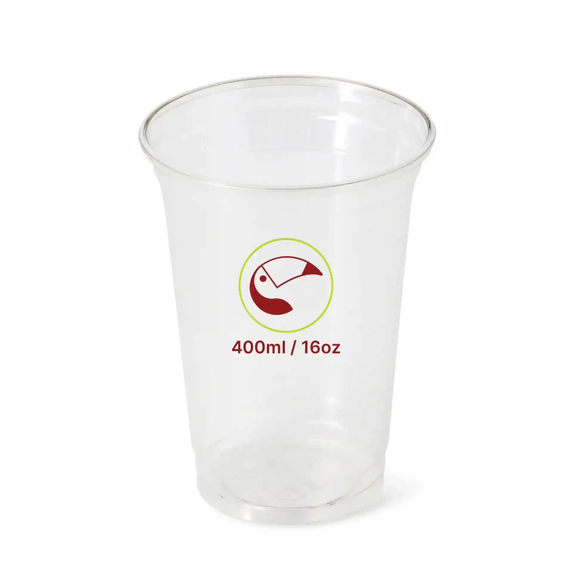 Bicchiere rPET trasparente da 16 oz con simbolo di gambero e indicazioni per capacità di 400 ml / 16 oz.