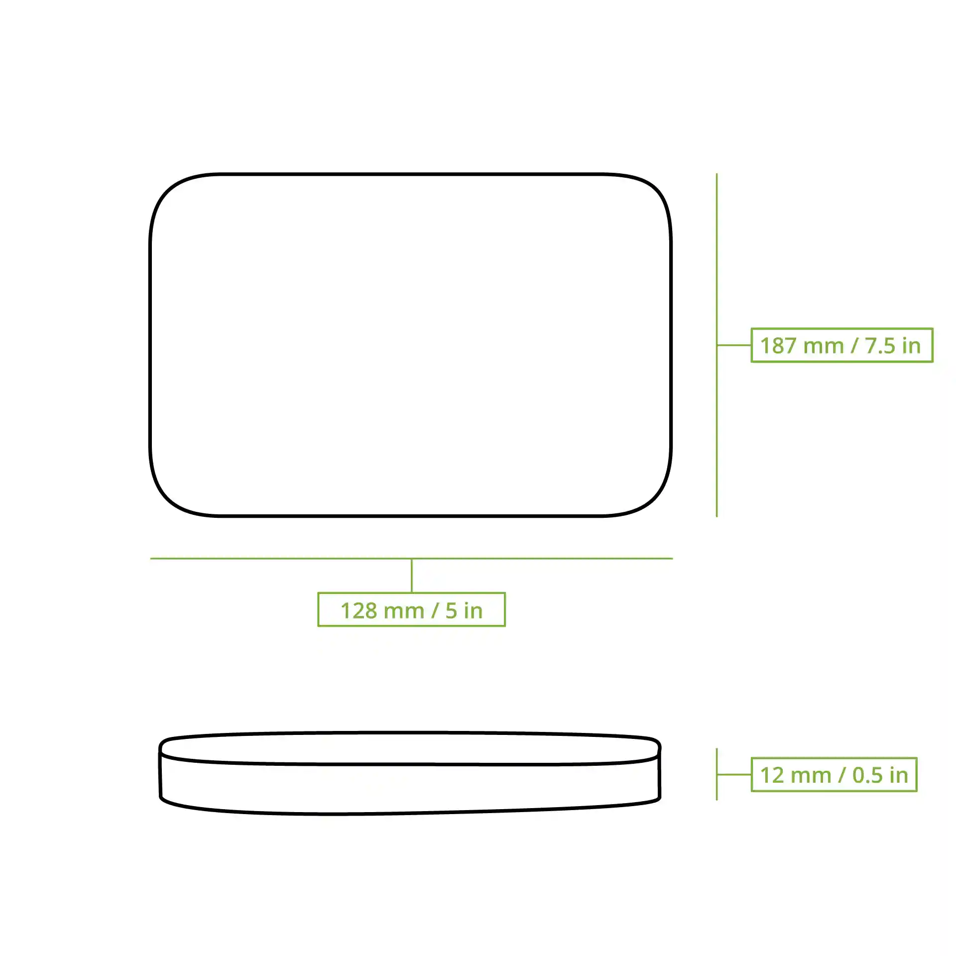Disegno schematico di un coperchio rettangolare trasparente con dimensioni di 187 mm per 128 mm e un'altezza di 12 mm.