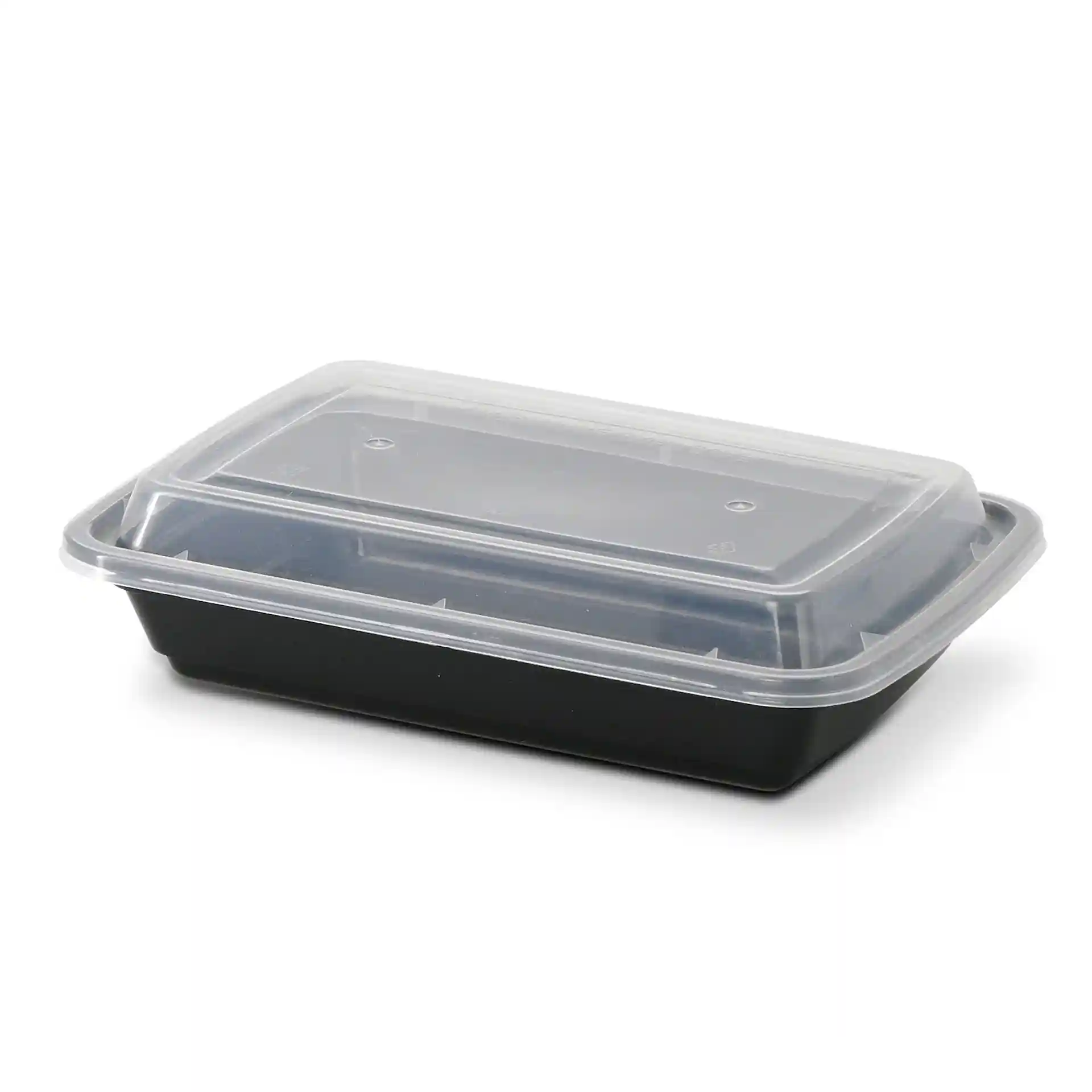 Contenitore rettangolare nero riutilizzabile con coperchio trasparente, misura 185 mm di lunghezza, 125 mm di larghezza e 34 mm di altezza.