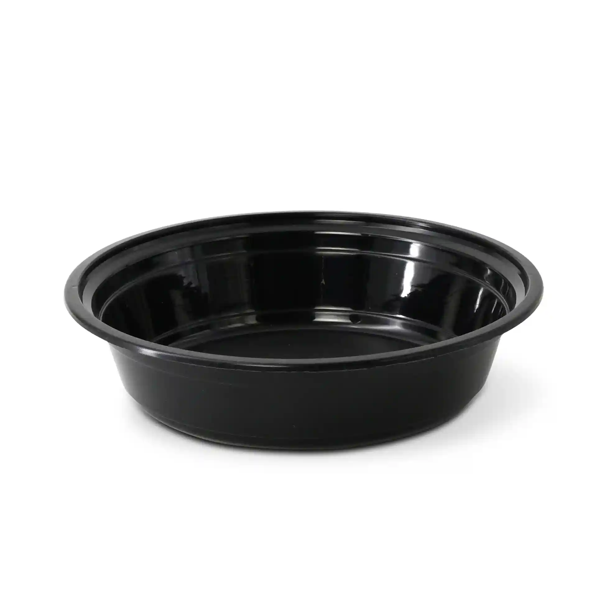 Piatto rotondo riutilizzabile nero con un diametro di 182 mm e un'altezza di 44 mm, in polipropilene.