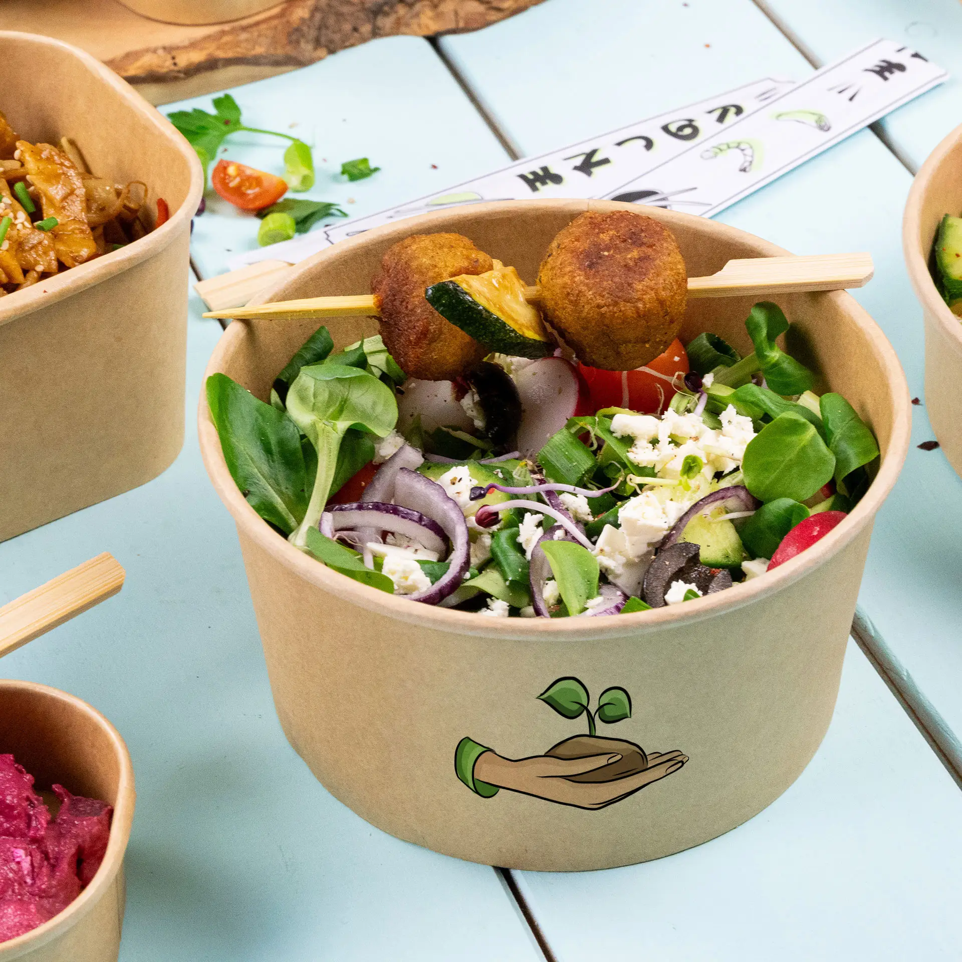 Ciotole per insalata personalizzate / Bowls stampate, 800 ml, Ø 150 mm, marrone, con rivestimento PLA