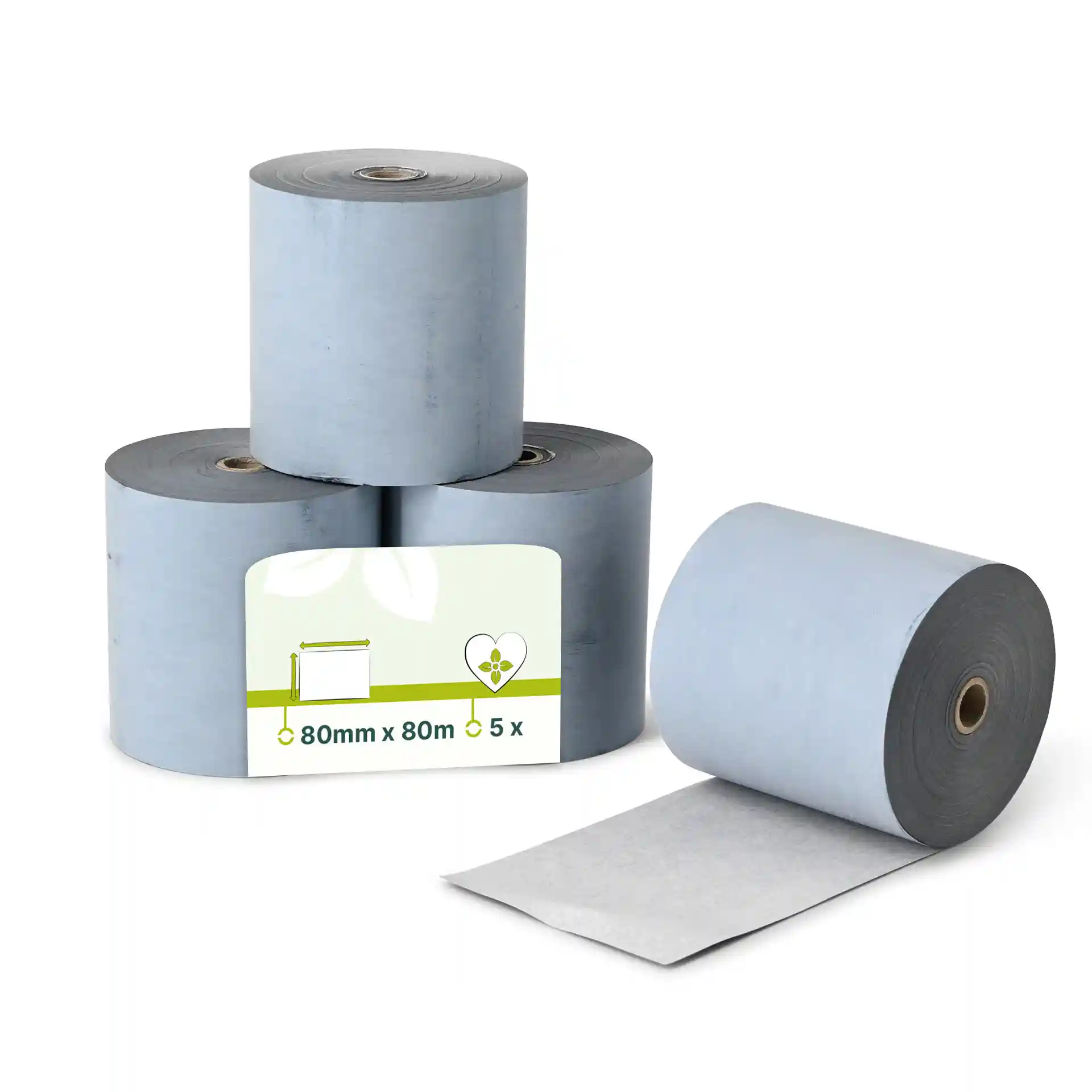 Tre rotoli di carta termica grigia per registratori di cassa, ciascuno misura 80 mm x 80 m, con un rotolo parzialmente srotolato.