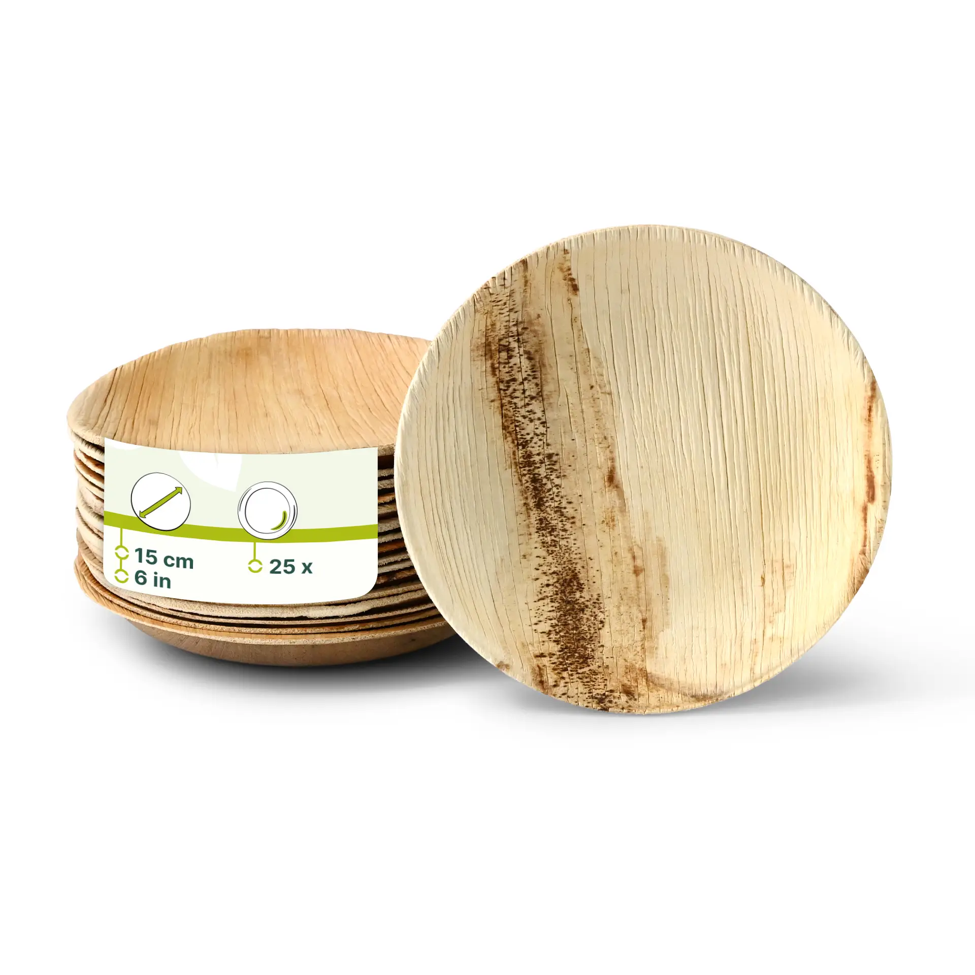 Un piatto rotondo in foglia di palma da 15 cm con venature naturali; piatti aggiuntivi impilati dietro, mostrando un bordo sottile e un design leggero.