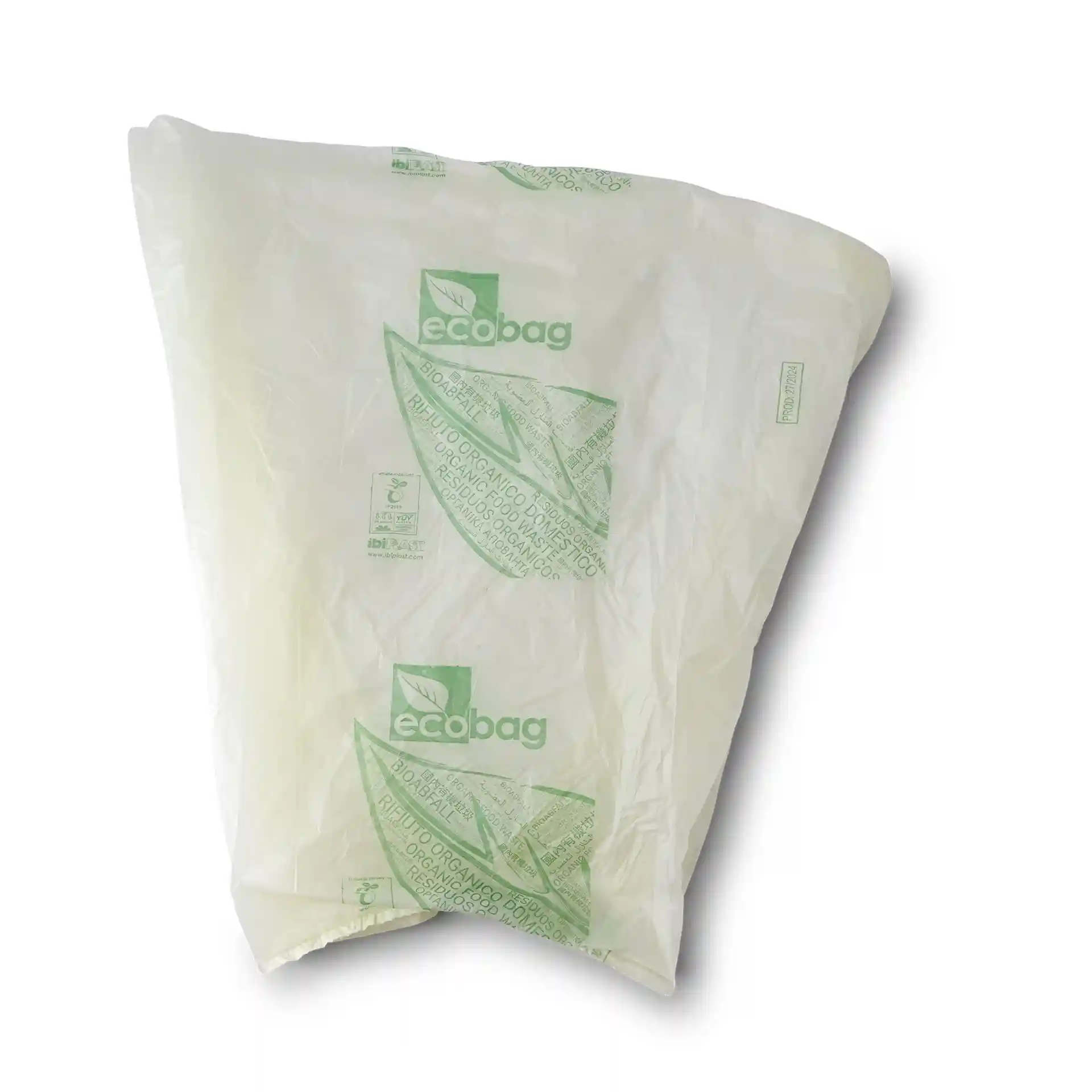 Sacchetto bio trasparente in PLA, misura 42x42 cm, con marcature verdi stampate.