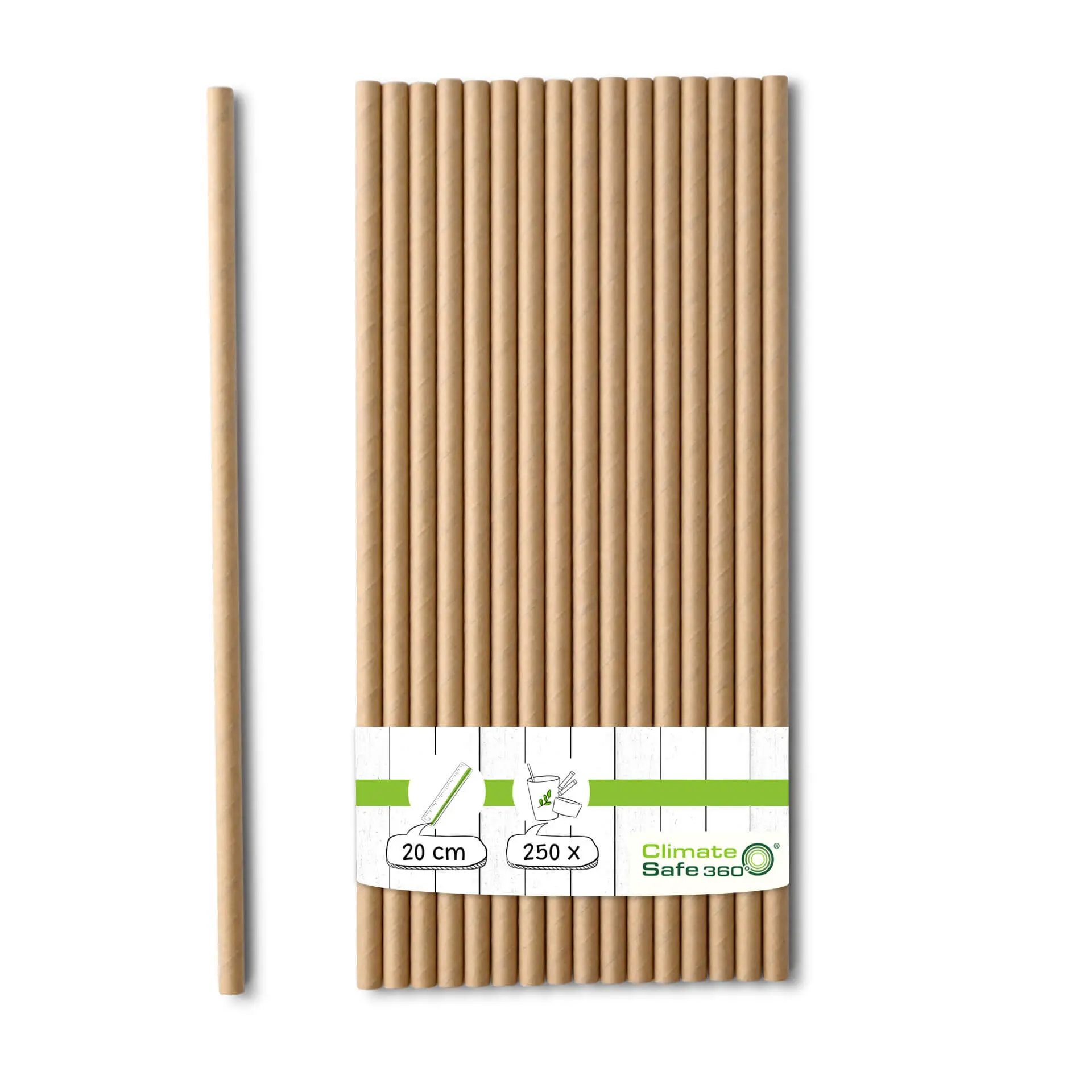 Cannucce in carta marrone sostenibili, lunghe 20 cm, presentate in un mazzetto con etichetta senza plastica.