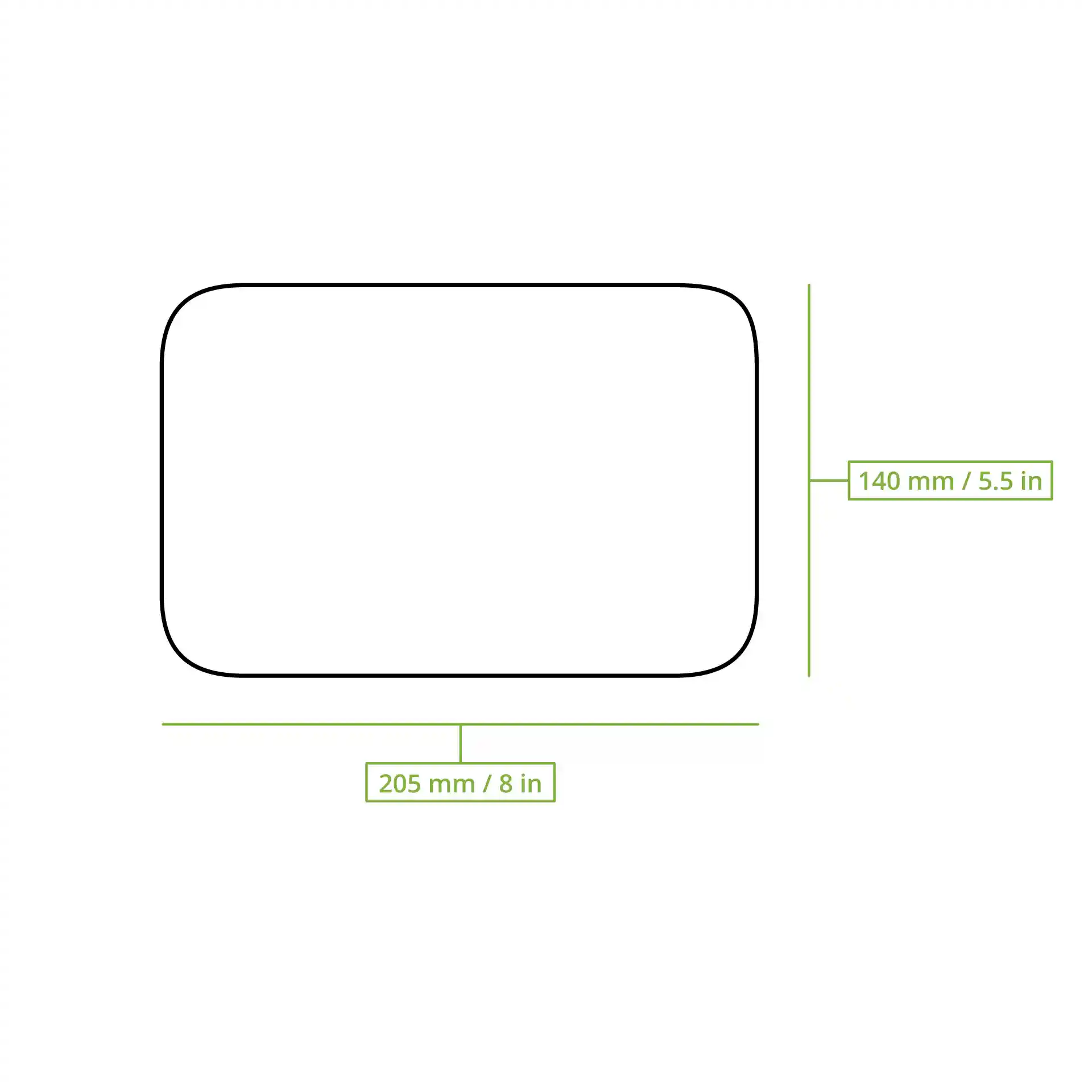 Disegno schematico di un coperchio rettangolare con dimensioni di 205 mm per 140 mm.