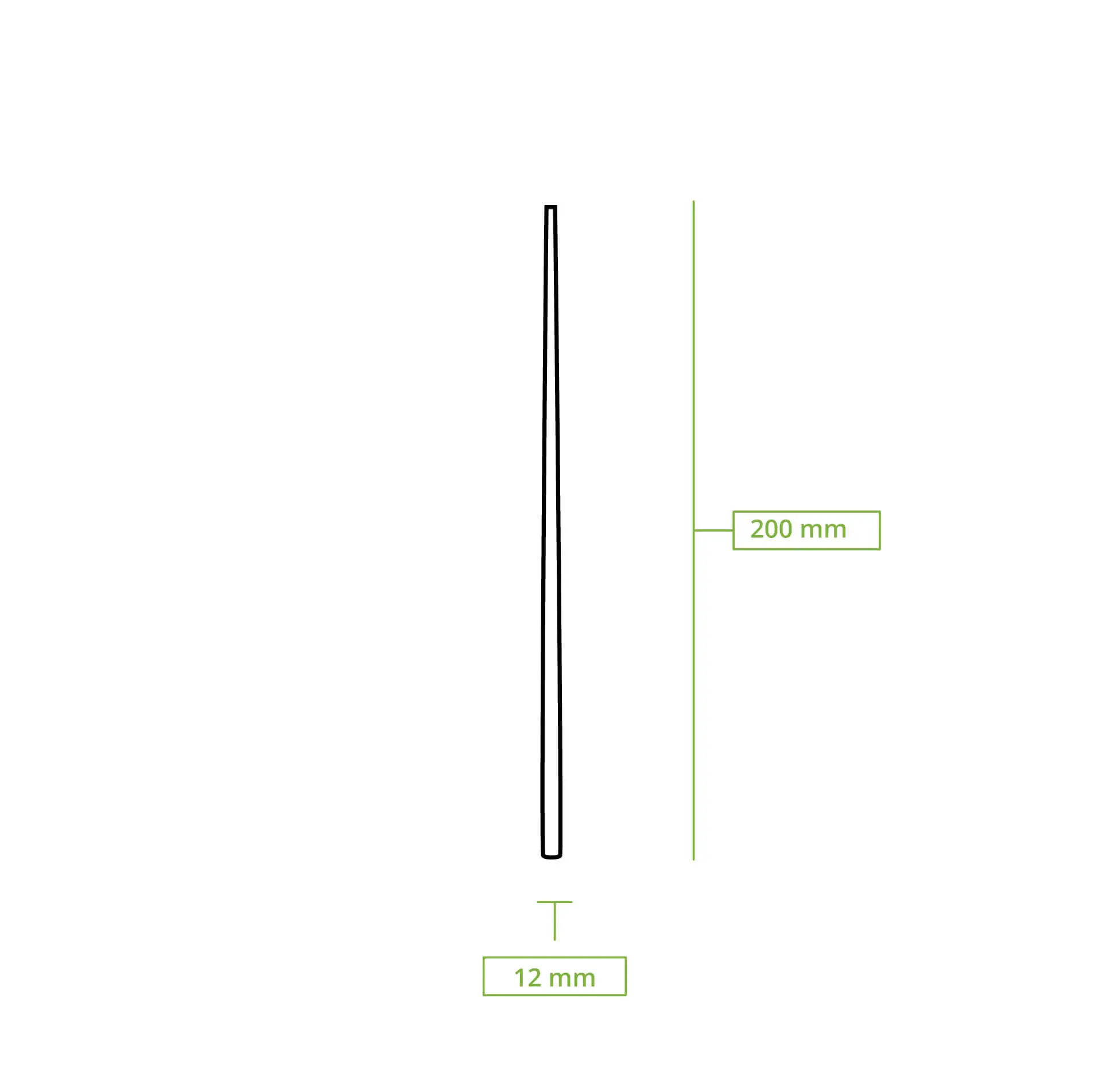 Bacchette in bambù, lunghe 20 cm, mostrate verticalmente con dimensioni etichettate 200 mm e 12 mm.