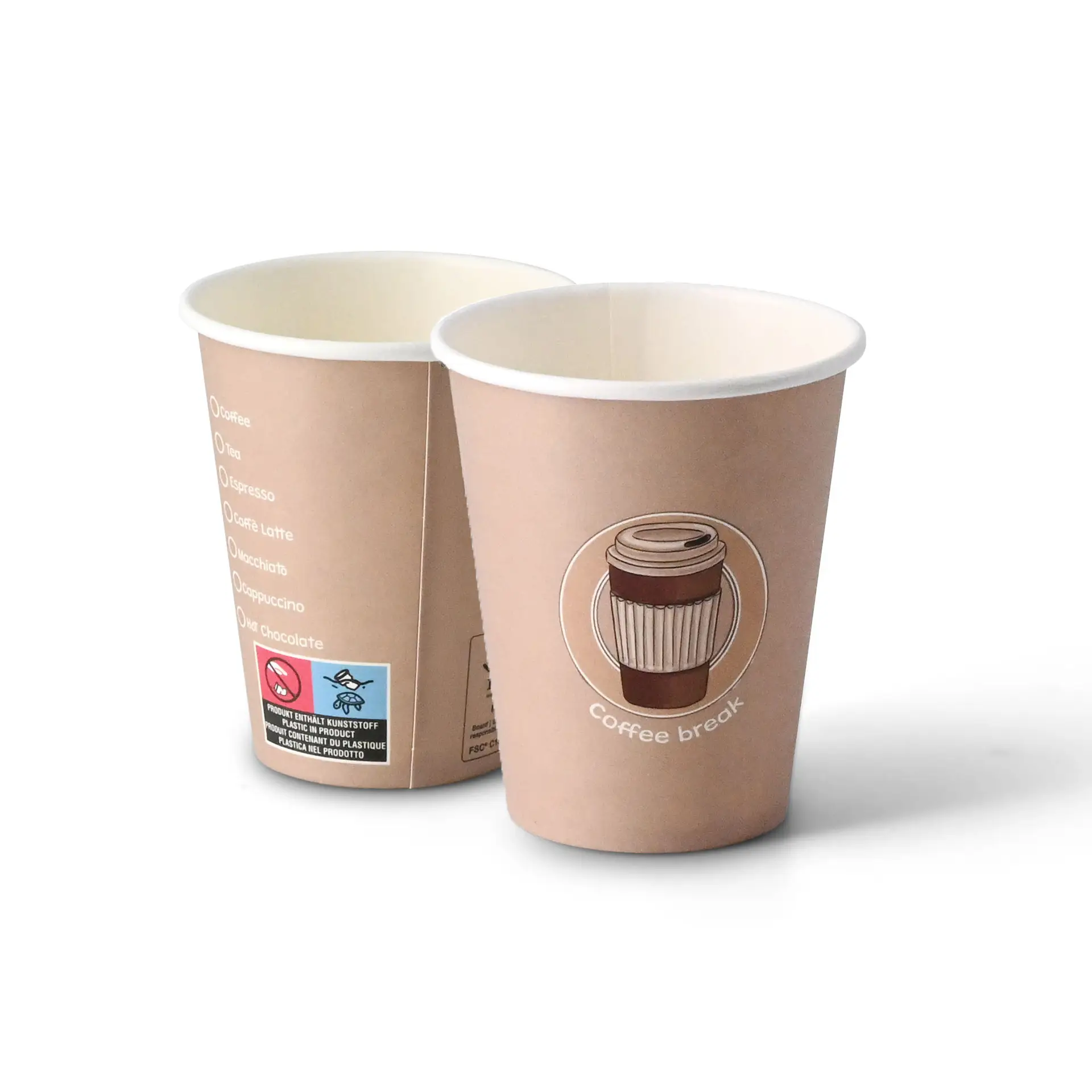 Bicchiere di cartone rotondo da 8 oz stampato con un design di caffè e l'etichetta "Coffeebreak", mostrando due bicchieri da angolazioni diverse.