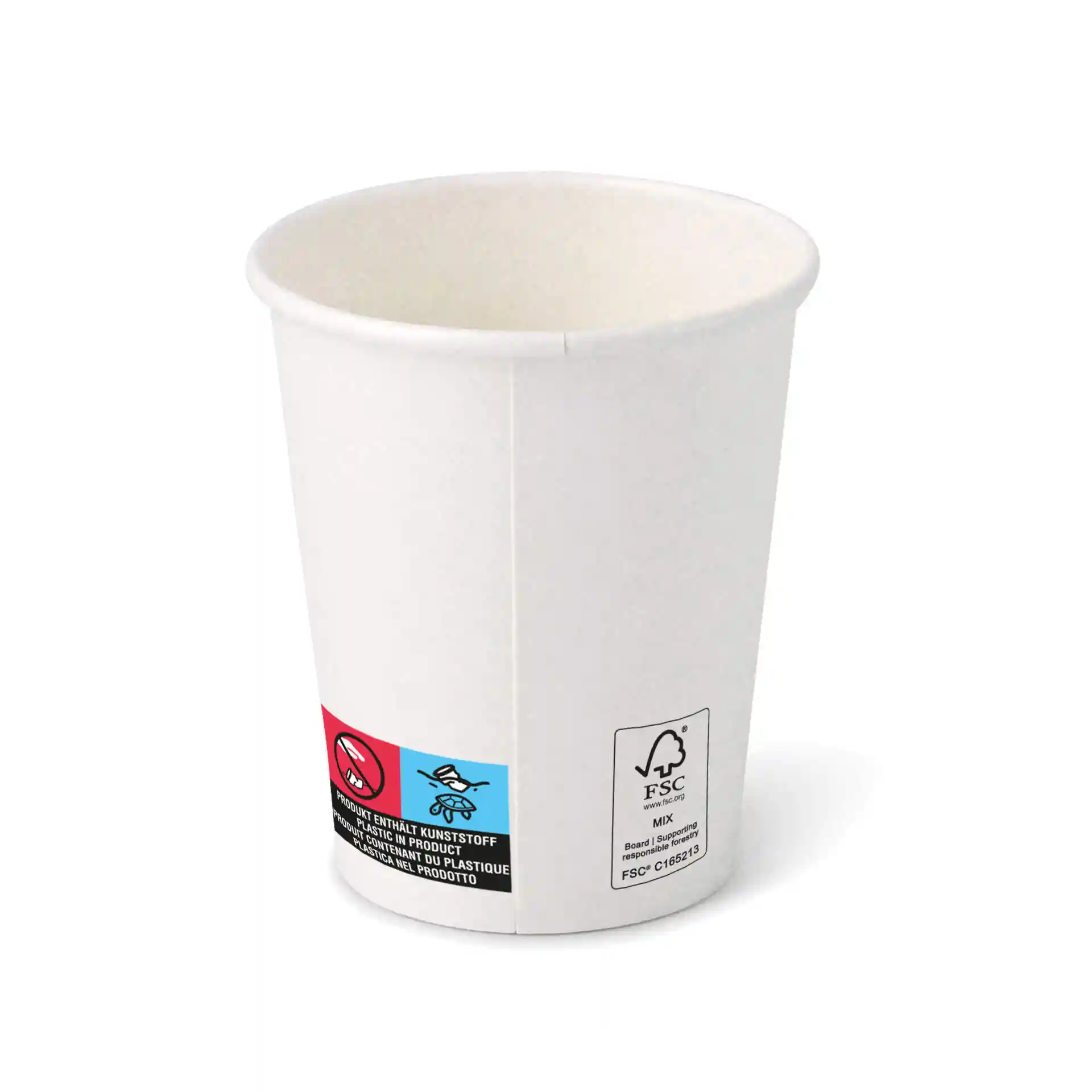 Bicchiere di carta bianco di forma rotonda, capacità di 8 oz, con un'etichetta con simboli e un marchio di certificazione.