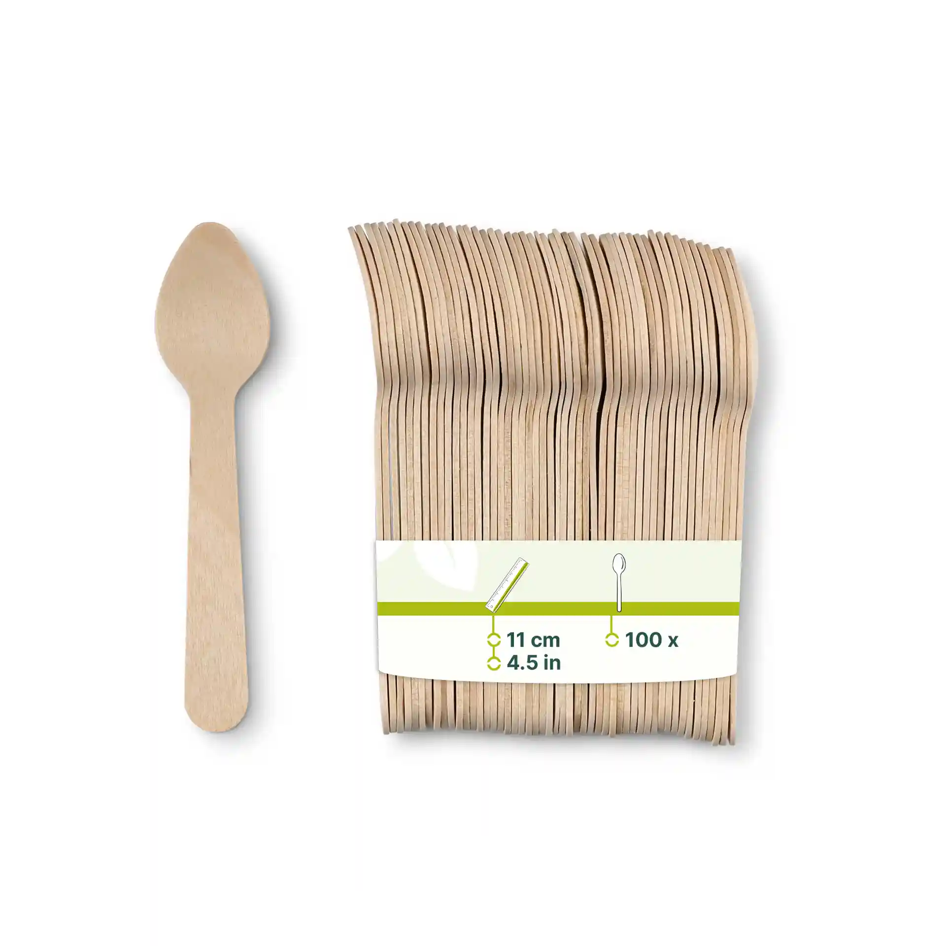 Cucchiaino in legno per espresso, lungo 11 cm, con una pila di più cucchiaini e un'etichetta che indica quantità e dimensioni.