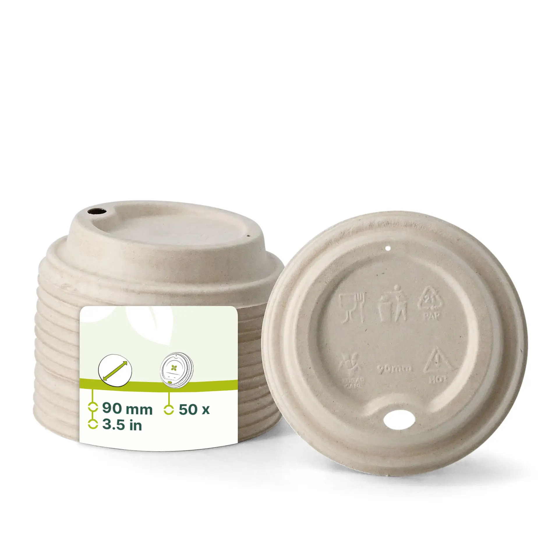 Coperchi in canna da zucchero per bicchieri di carta, 90 mm di diametro, marroni, con apertura per bere, impilati con un'etichetta.