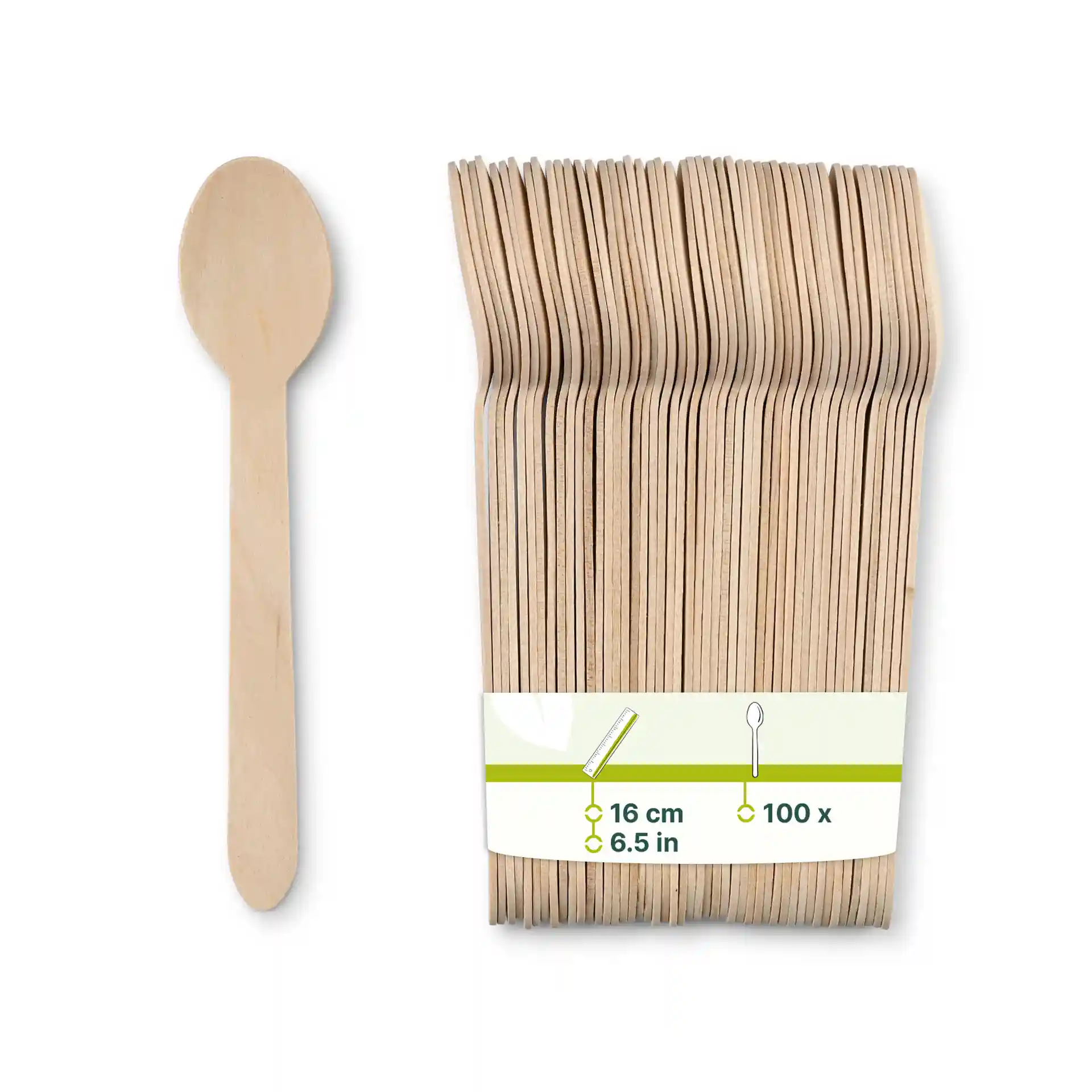 Cucchiai di legno in confezione da 100, ciascuno lungo 16 cm, mostrati con un'etichetta che indica dimensioni e quantità.