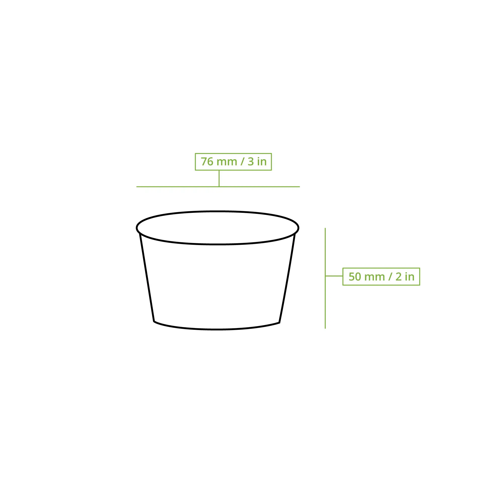Una tazza illustrata con dimensioni etichettate; diametro 76 mm e altezza 50 mm.