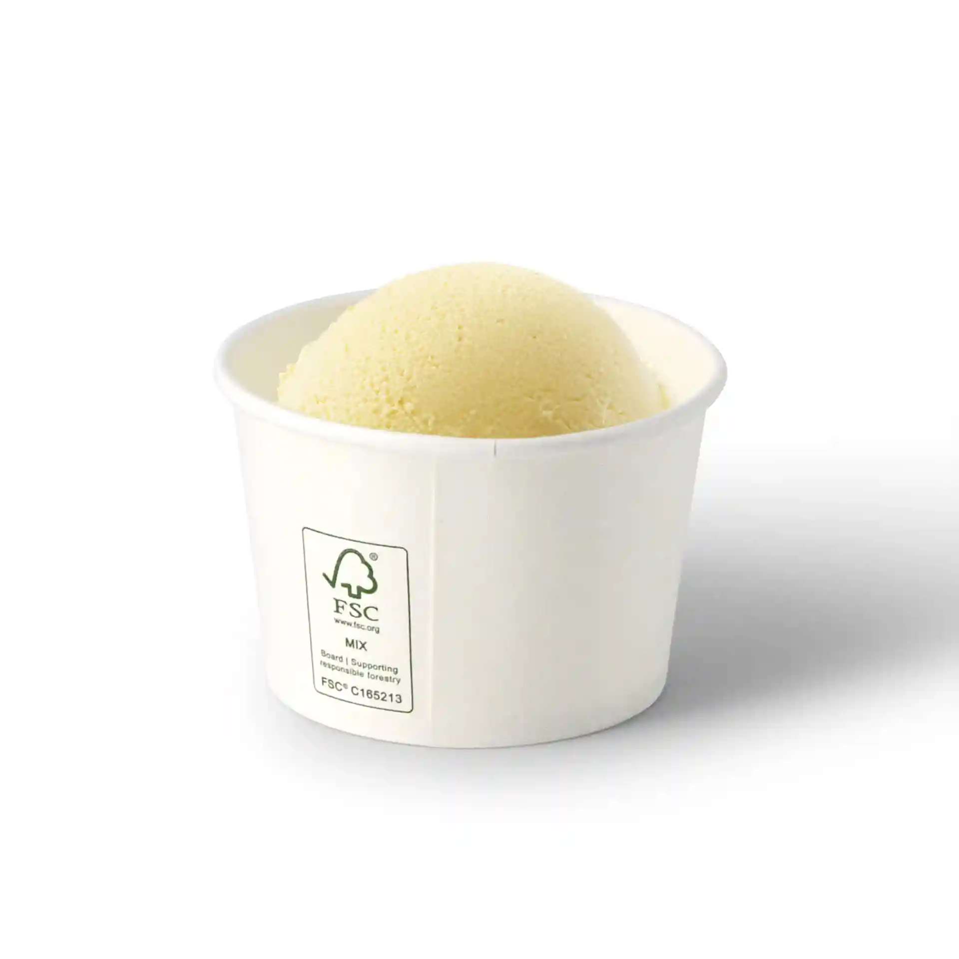 Bicchiere di cartone bianco con una pallina di gelato, capacità di 75 ml, diametro 76 mm, altezza 50 mm.