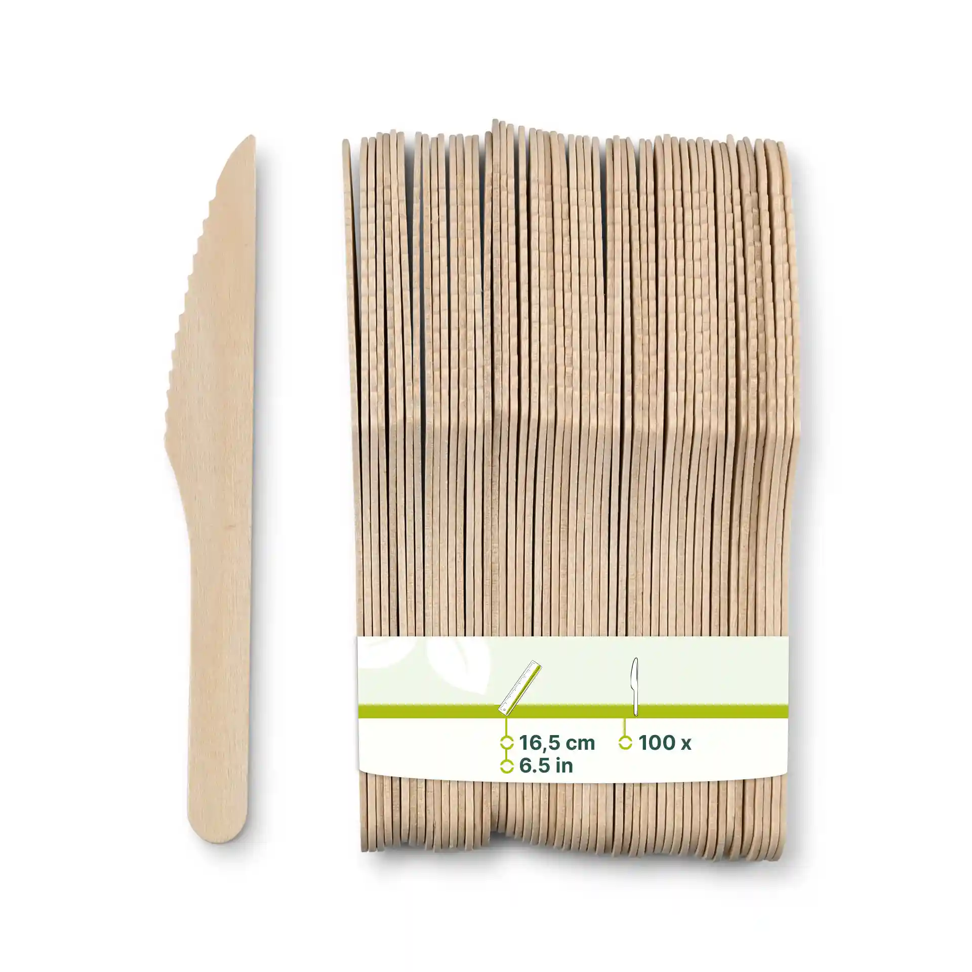 Coltelli in legno impilati, ciascuno lungo 16,5 cm, con lama seghettata e finitura in legno marrone.