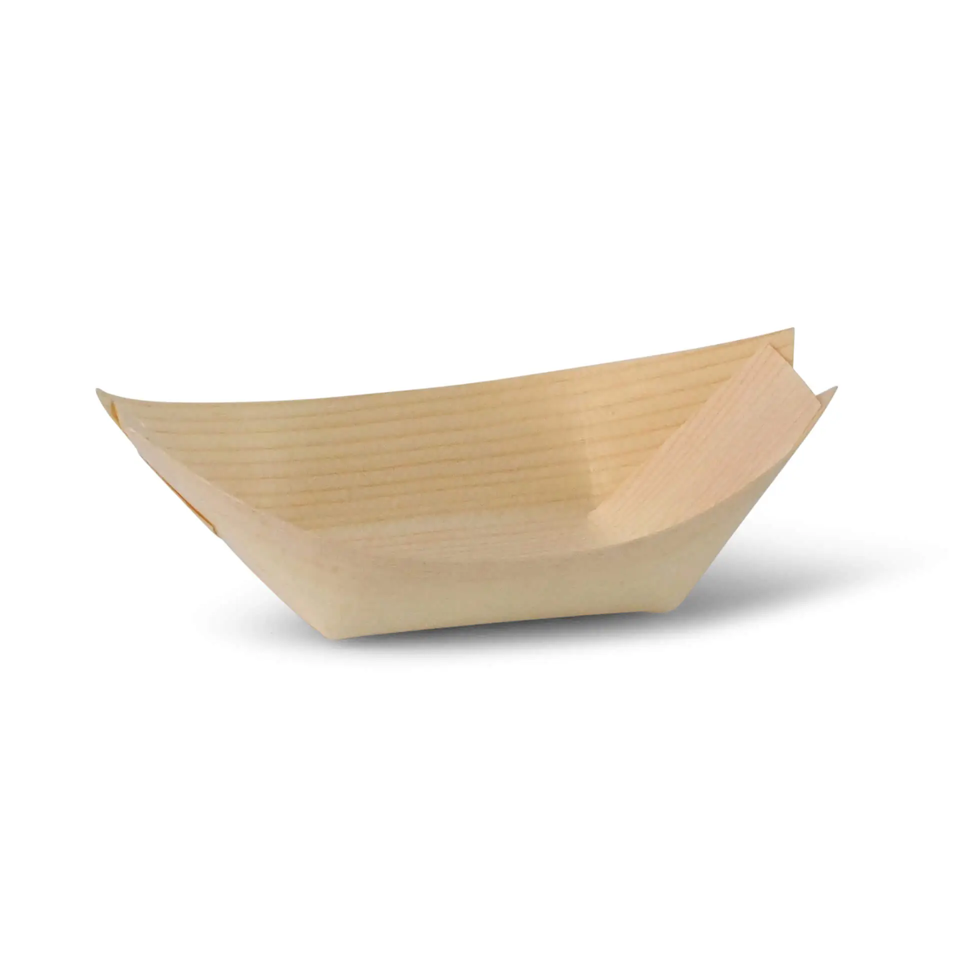 Contenitore a forma di barca in legno marrone, lungo 11 cm, largo 7 cm e alto 3,2 cm.