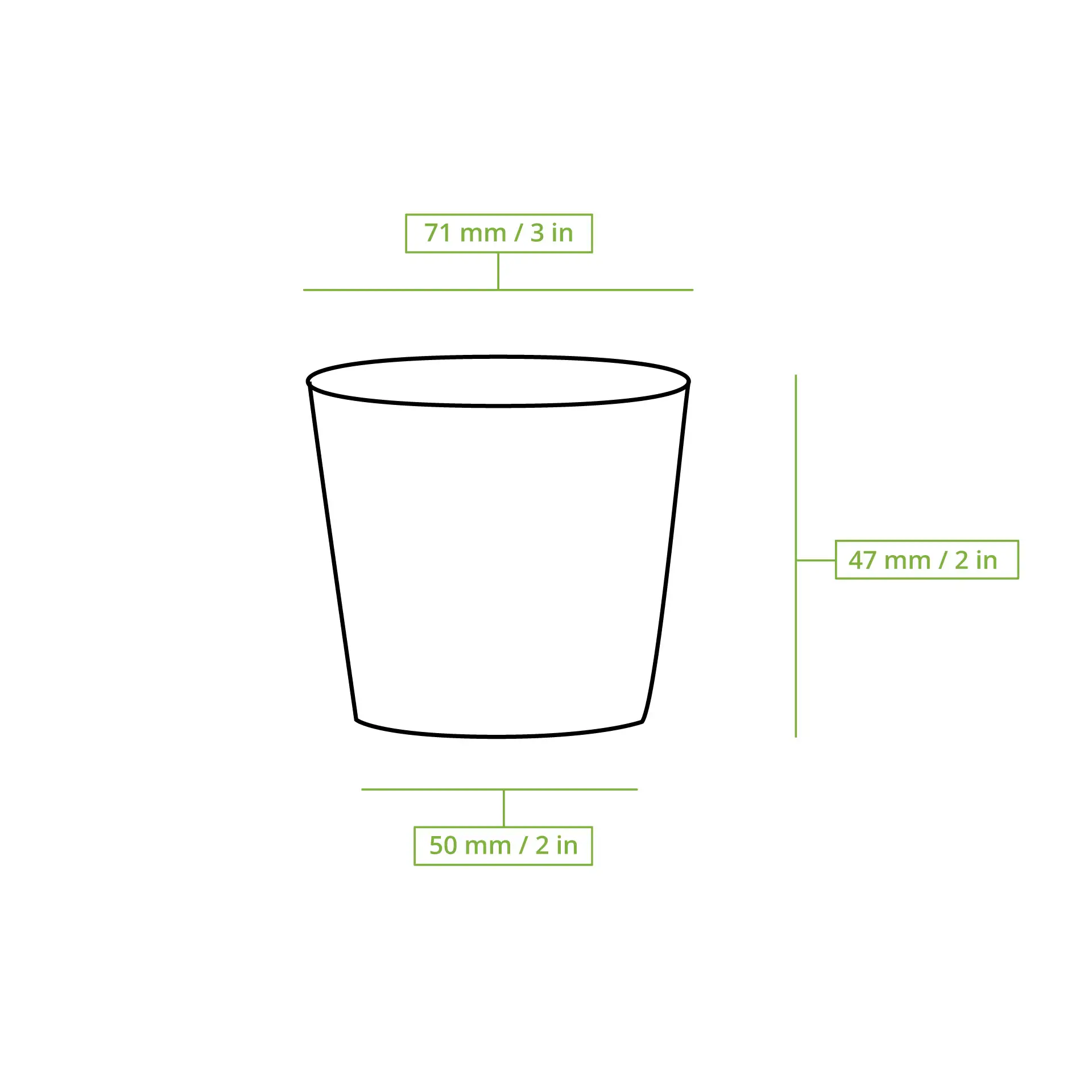 Design di cup bio per salse e dip; dimensioni 71 mm x 50 mm; realizzato in bioplastica PLA biodegradabile.
