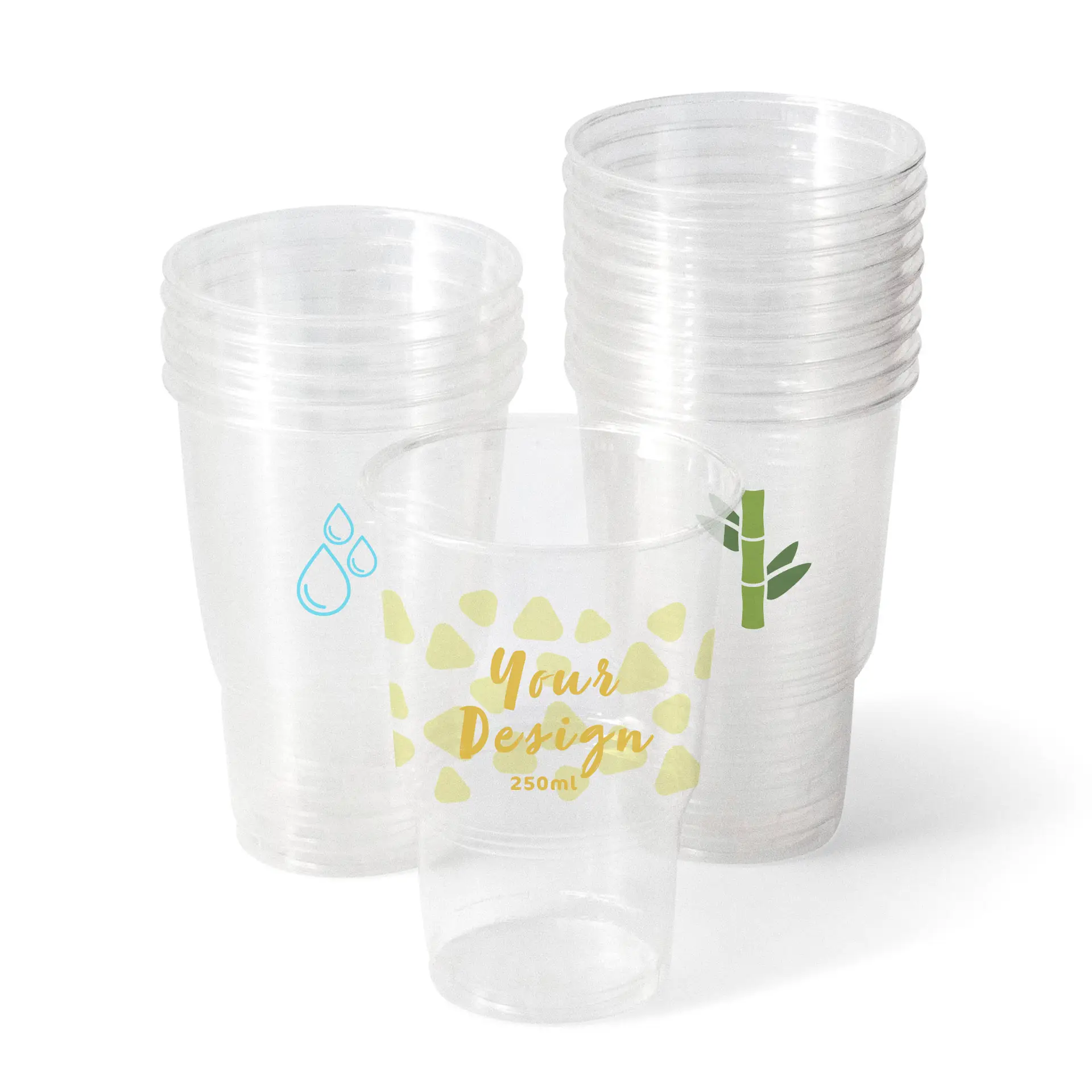 Uno cup in PLA trasparente con design giallo personalizzato; diversi bicchieri simili con grafiche blu impilati dietro.