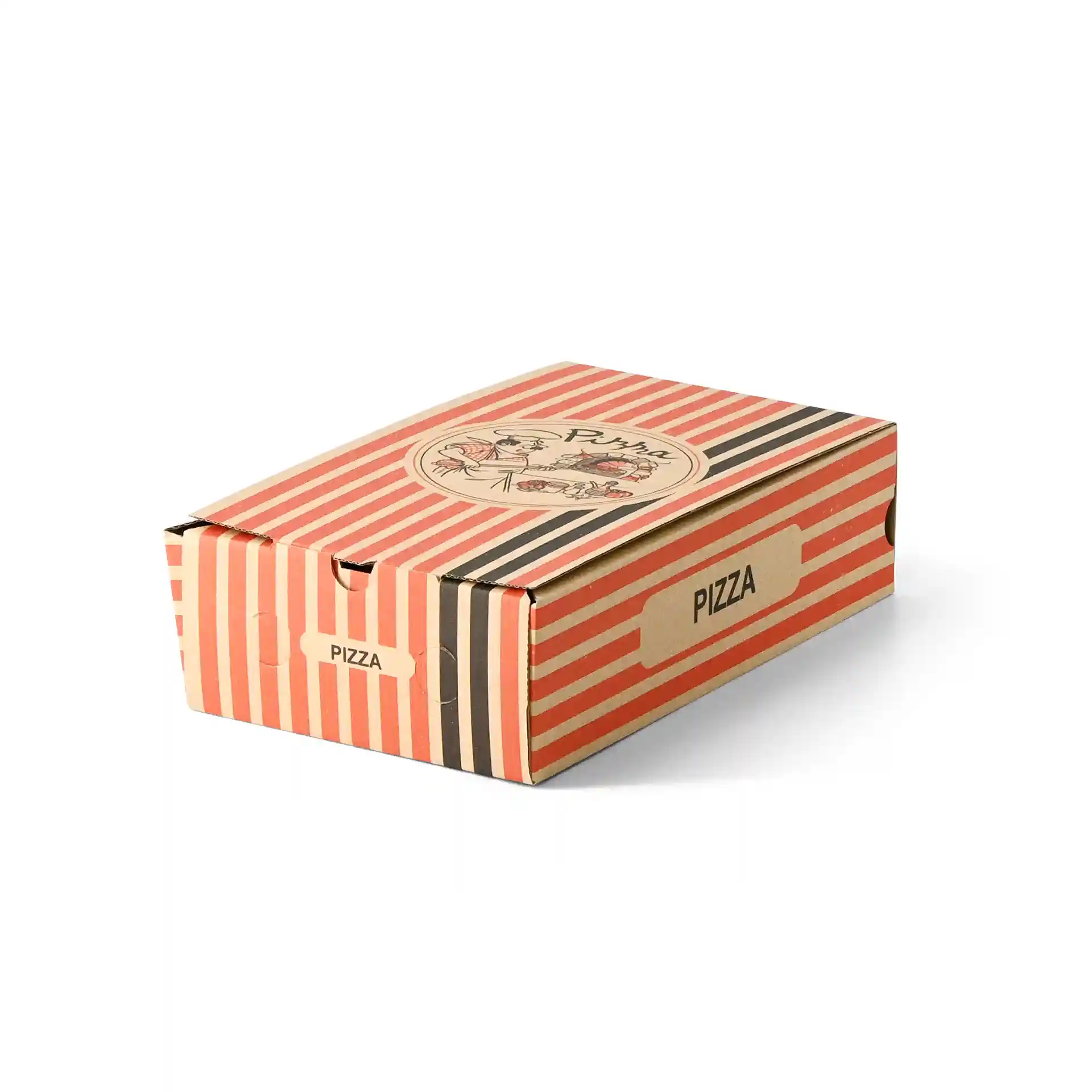 Scatola per pizza in cartone con design di chef pizzaiolo marrone, strisce rosse e nere, misura 27 x 16 x 7 cm.