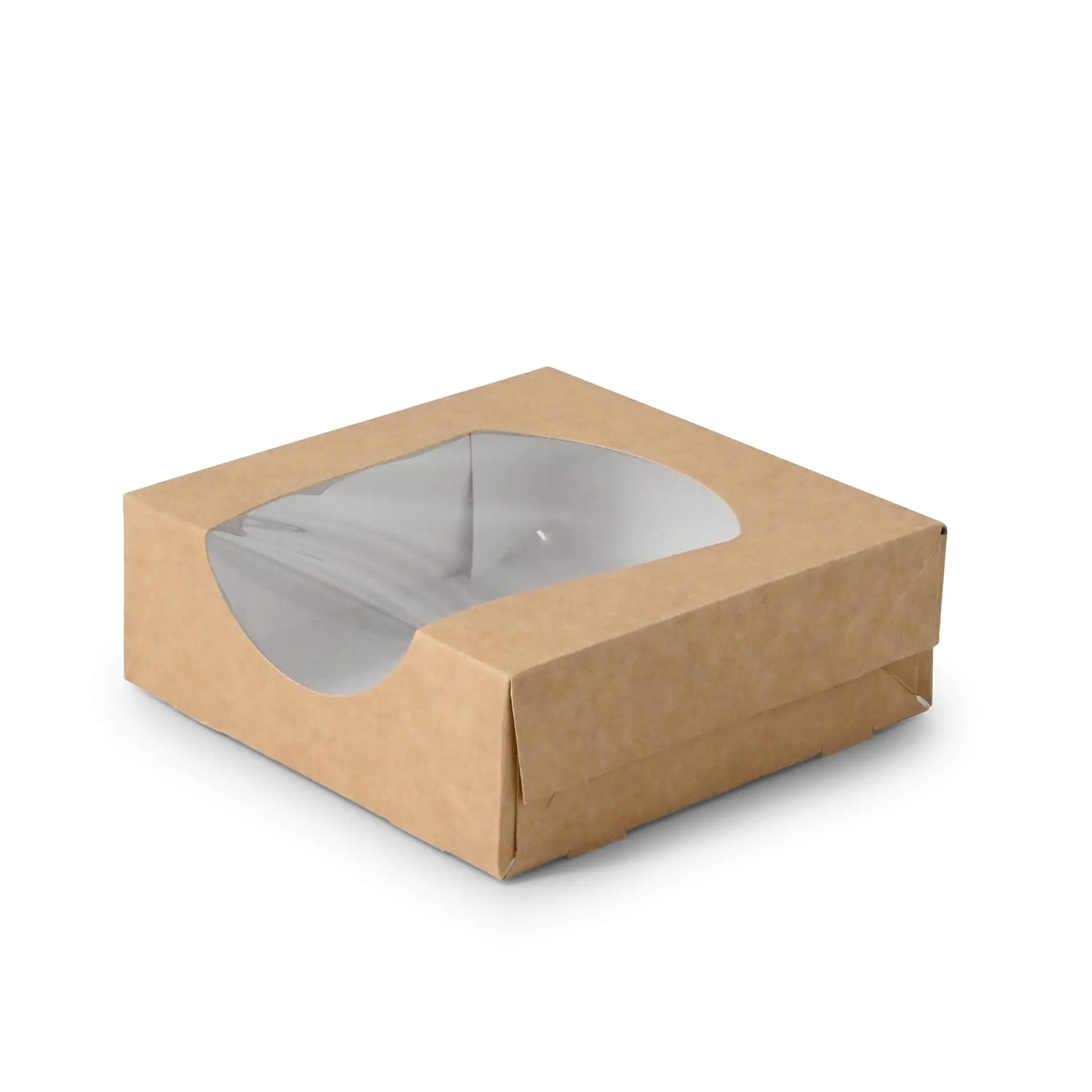 Scatola in cartone marrone con finestra in cellulosa trasparente, misura 12 x 12 x 4 cm.