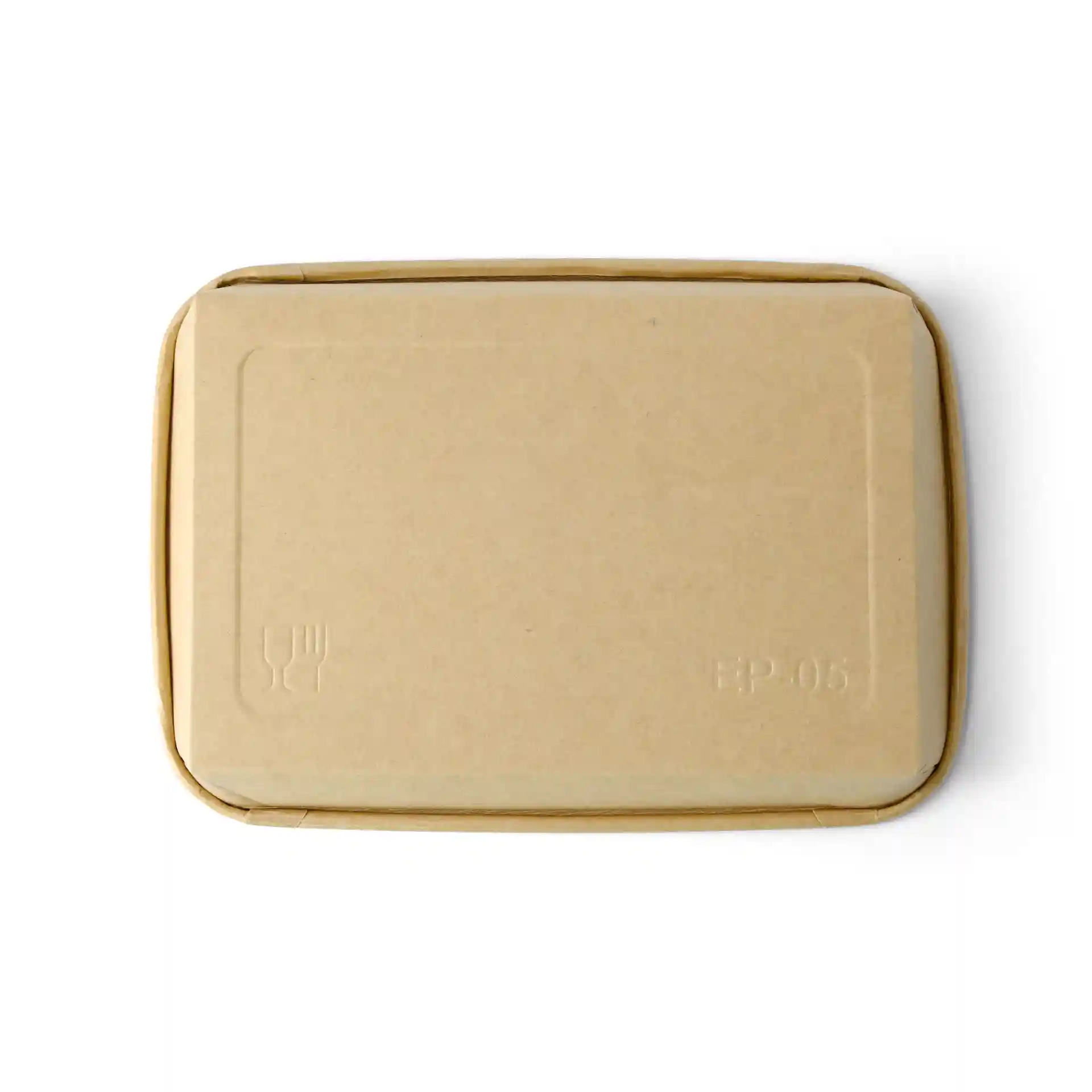 Scatola di sushi marrone con superficie rivestita in PE, misura 18,5 x 13 x 2,5 cm, vista dall'alto.