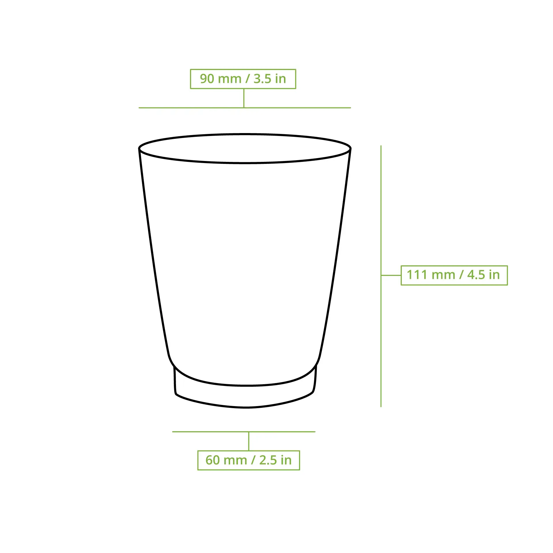Tazza da caffè riutilizzabile isolata da 12 oz; esterno marrone, interno bianco. Dimensioni: Ø 90 mm, H 111 mm, base 60 mm.