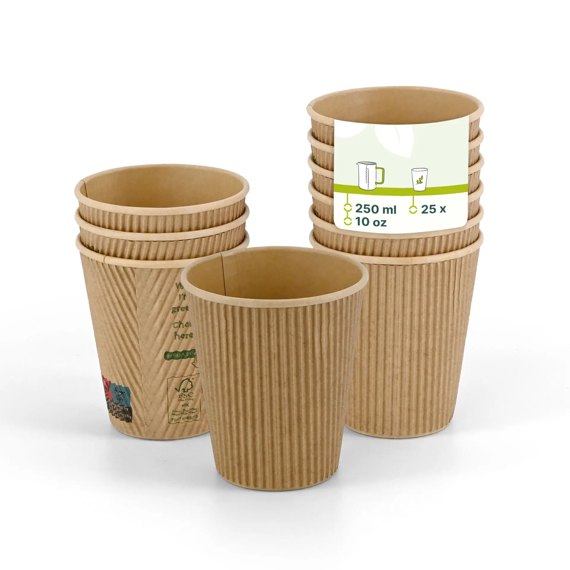 Bicchieri usa e getta marroni a triplo strato con texture rigata, progettati per bevande calde, impilati con un'etichetta.