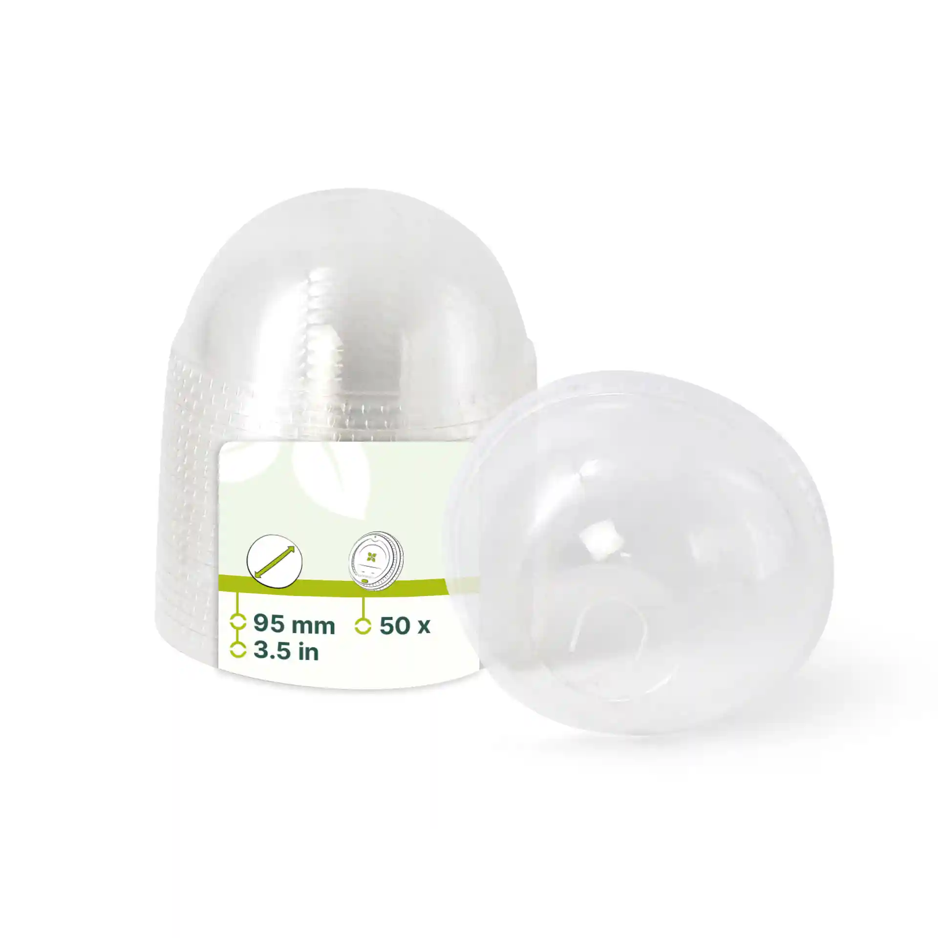 Coperchio a cupola in PLA trasparente con un diametro di 95 mm, con foro per cannuccia, mostrato con un'etichetta.