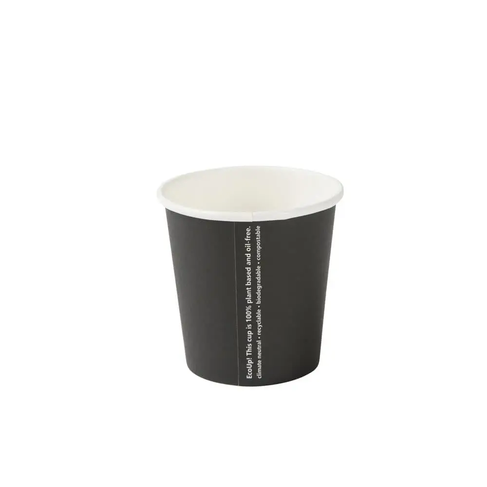 Bicchiere in carta nera a parete singola per bevande calde e fredde, 100 ml, rivestito in PLA, biodegradable e compostabile.