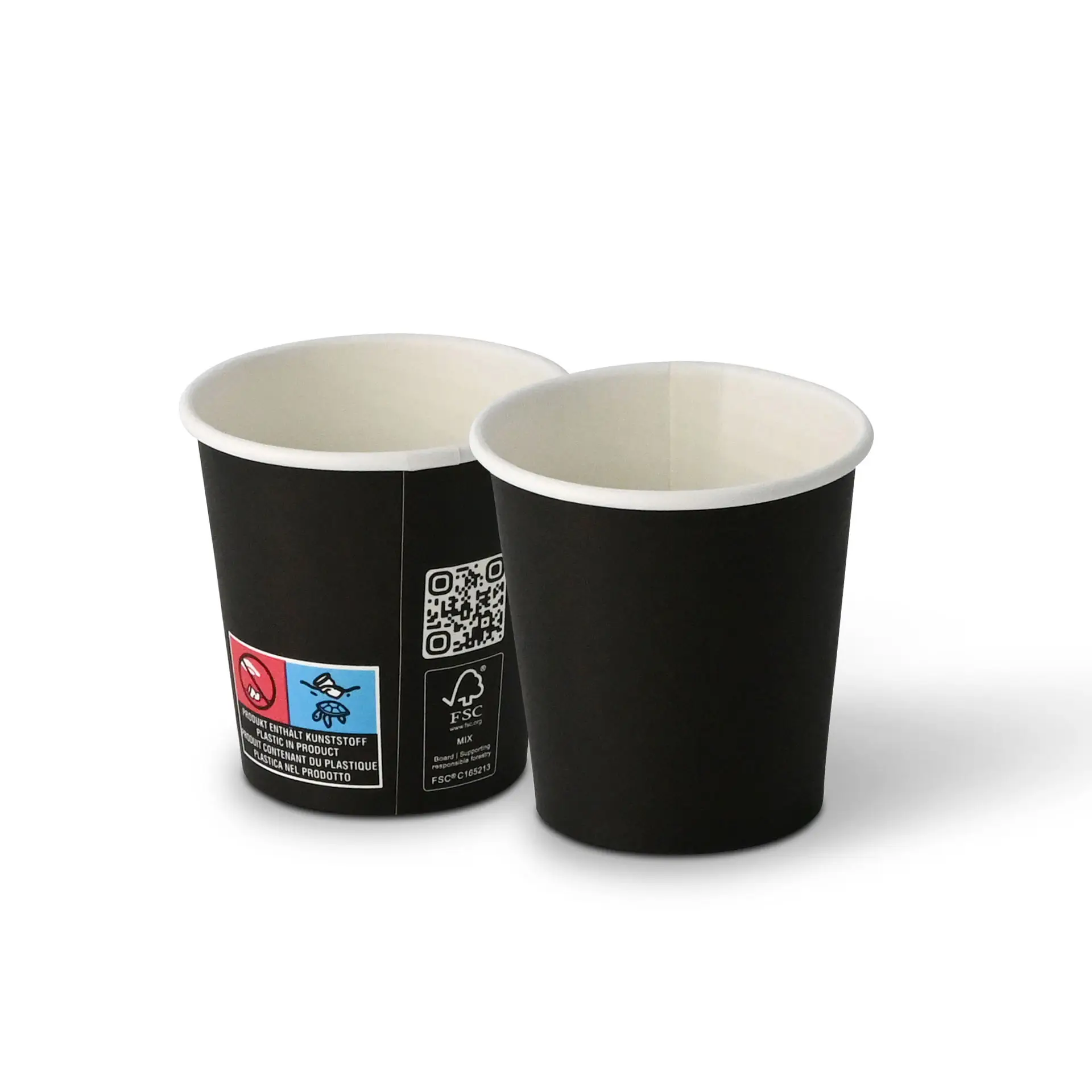 Bicchieri neri con parete singola, capacità di 100 ml e diametro di 62 mm, mostrando viste interne ed esterne.