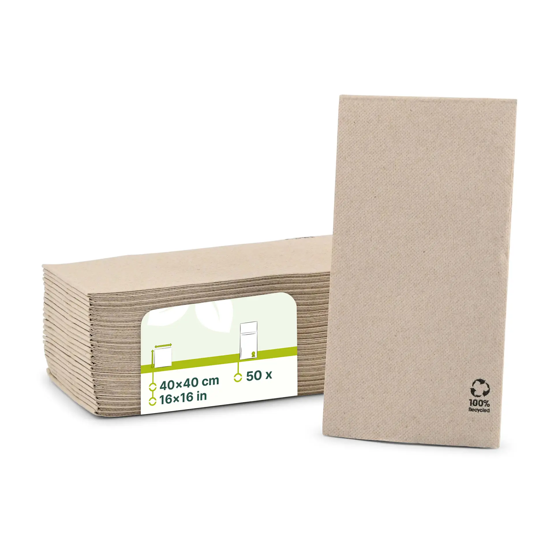 Tovaglioli di carta riciclata, 40 x 40 cm, 2 veli, impilati con confezione che mostra il logo di riciclaggio ecologico.