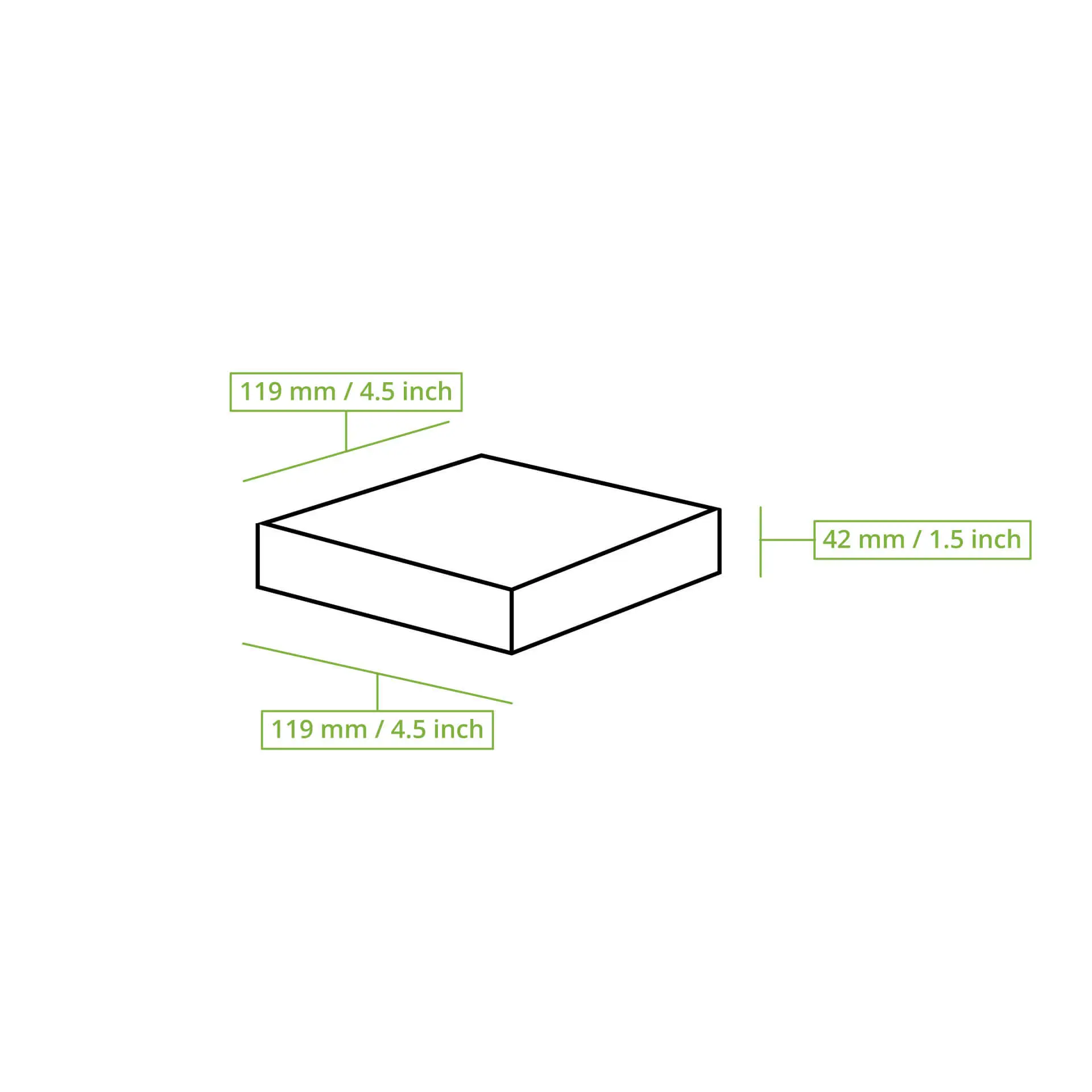 Disegno schematico di una scatola rettangolare con dimensioni etichettate: 120 mm di lunghezza, 120 mm di larghezza e 43 mm di altezza.