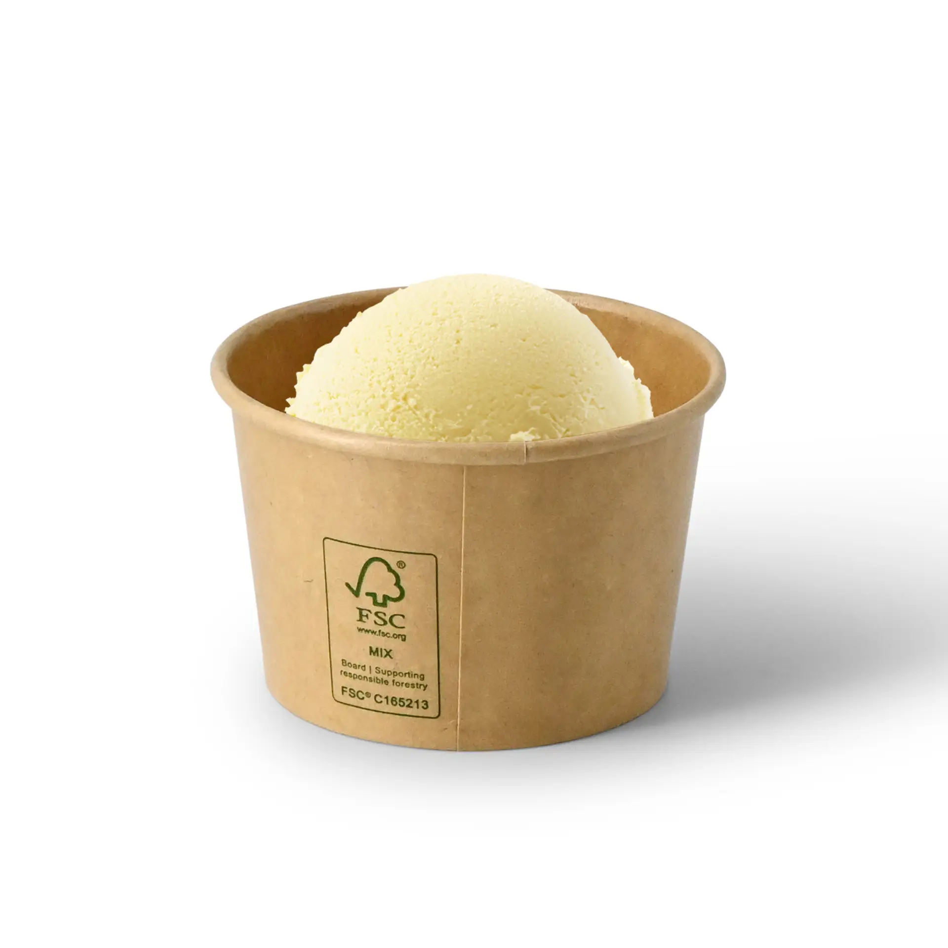 Una tazza di carta marrone con superficie liscia, con etichetta FSC e logo "Climate Safe 360".