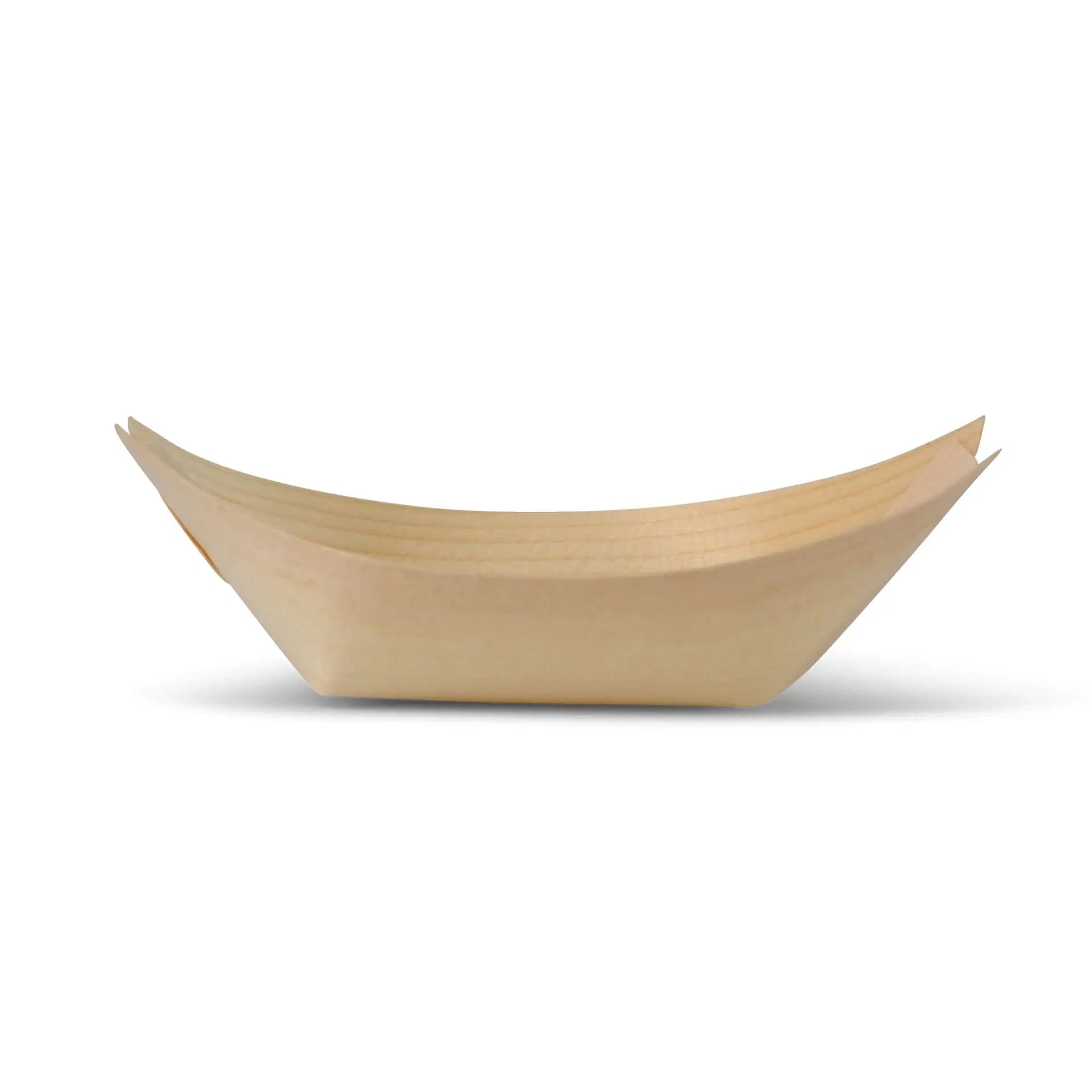Contenitore a forma di barca in legno, lungo 11 cm, in legno marrone, con superficie liscia e senza rivestimento.