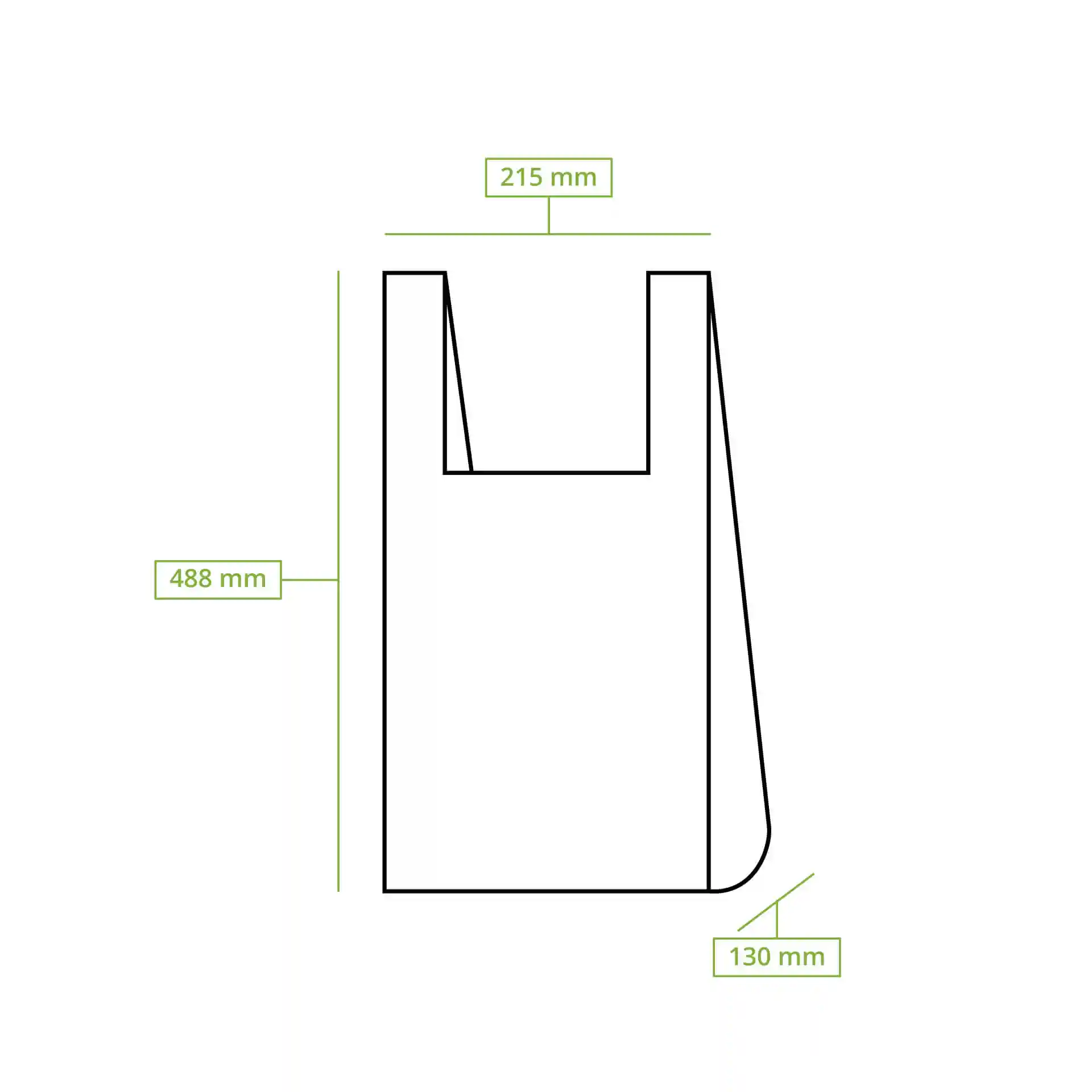 Disegno schematico di una borsa con dimensioni: altezza 488 mm, lunghezza 215 mm, larghezza 130 mm.
