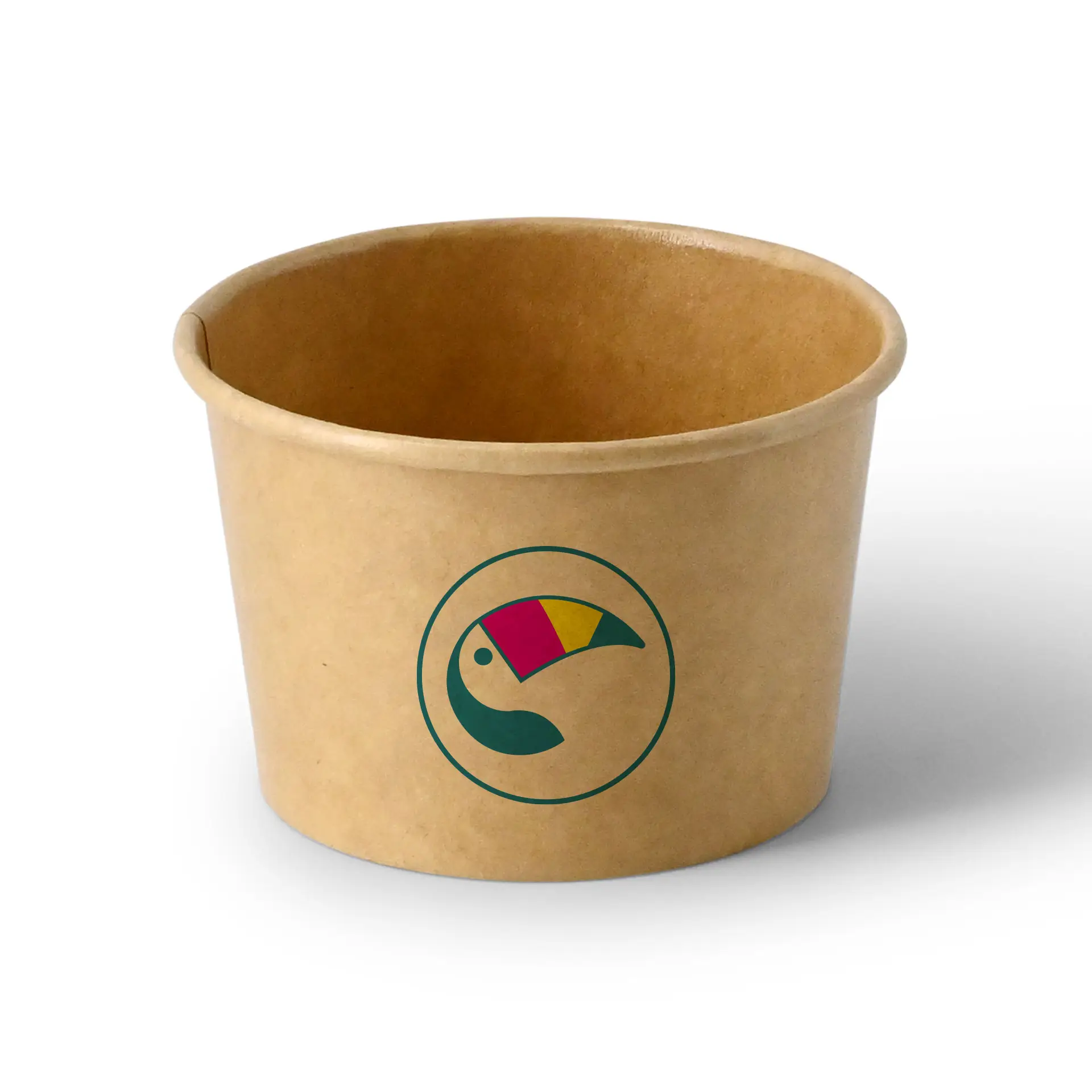 Coppa per gelato marrone personalizzata, 150 ml, con logo tucano. Ideale per gelaterie ed eventi.