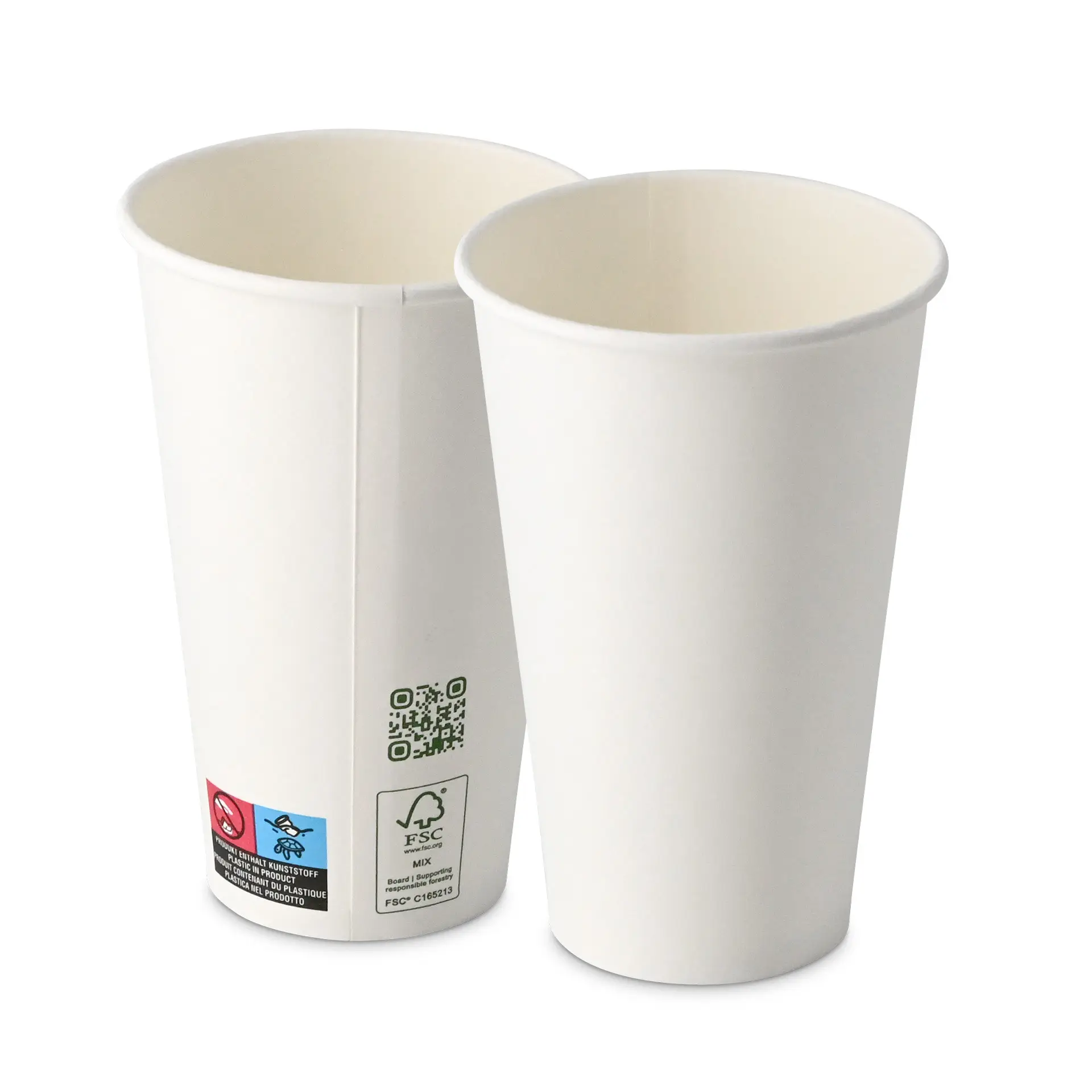 Bicchieri di carta bianchi con parete singola, capacità di 400 ml e diametro di 90 mm, mostrati in posizione impilata.
